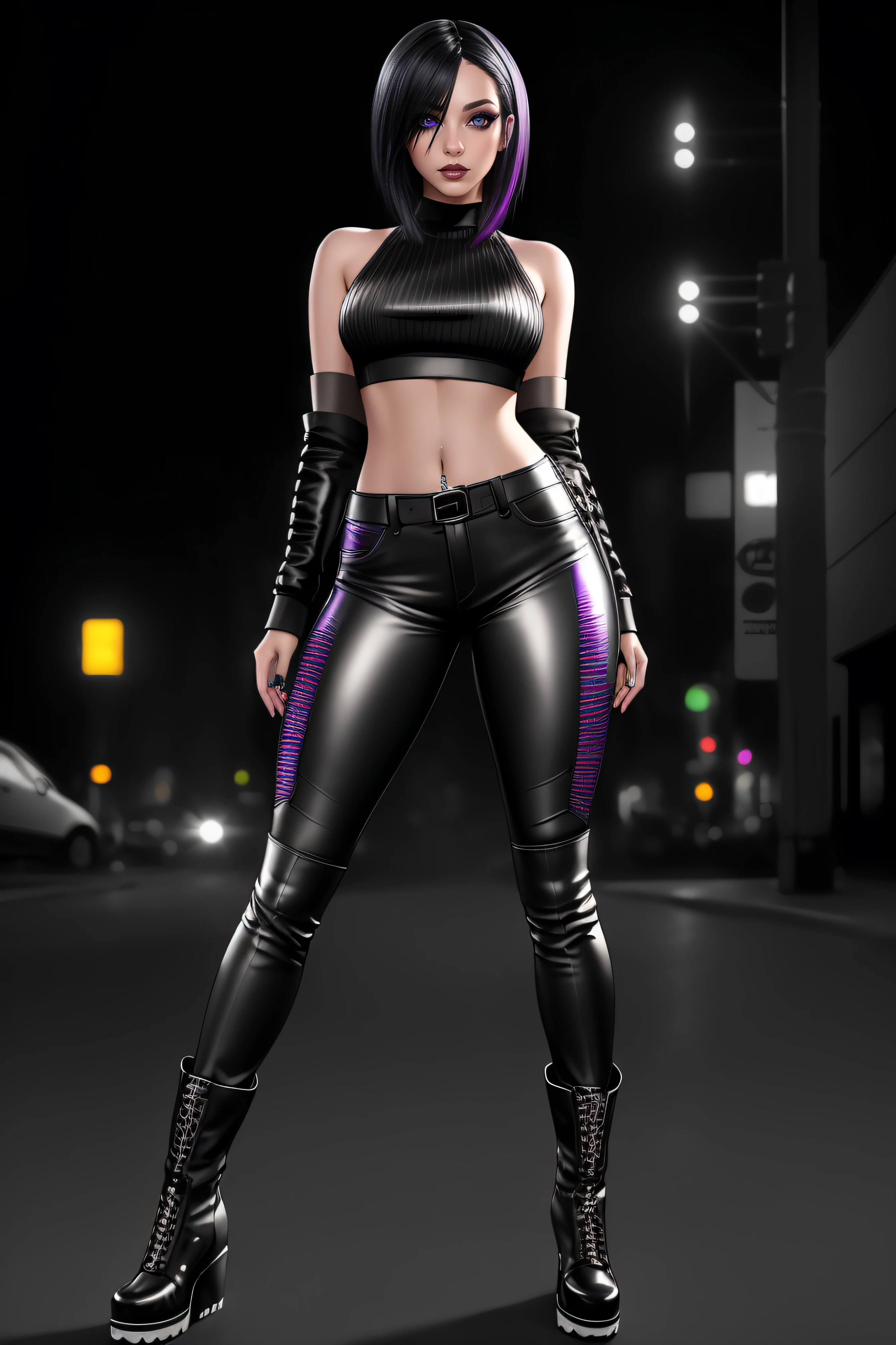 beautiful girl, ((standing:1.4)), (confident gaze:1.1), full body, short bright neon streaked black hair, ((realistic highly detailed eyes:1.4)), ((seductive pose:1.2)), black eyeshadow, (street style wear:1.2), ((tight fitted pants)), ((knee high leather boots)), (dark city night black background:1.4), dark makeup, digital art, trending on artstation, highly detailed, fine detail, intricate, detailed facial features, sharp focus, smooth, aesthetic,