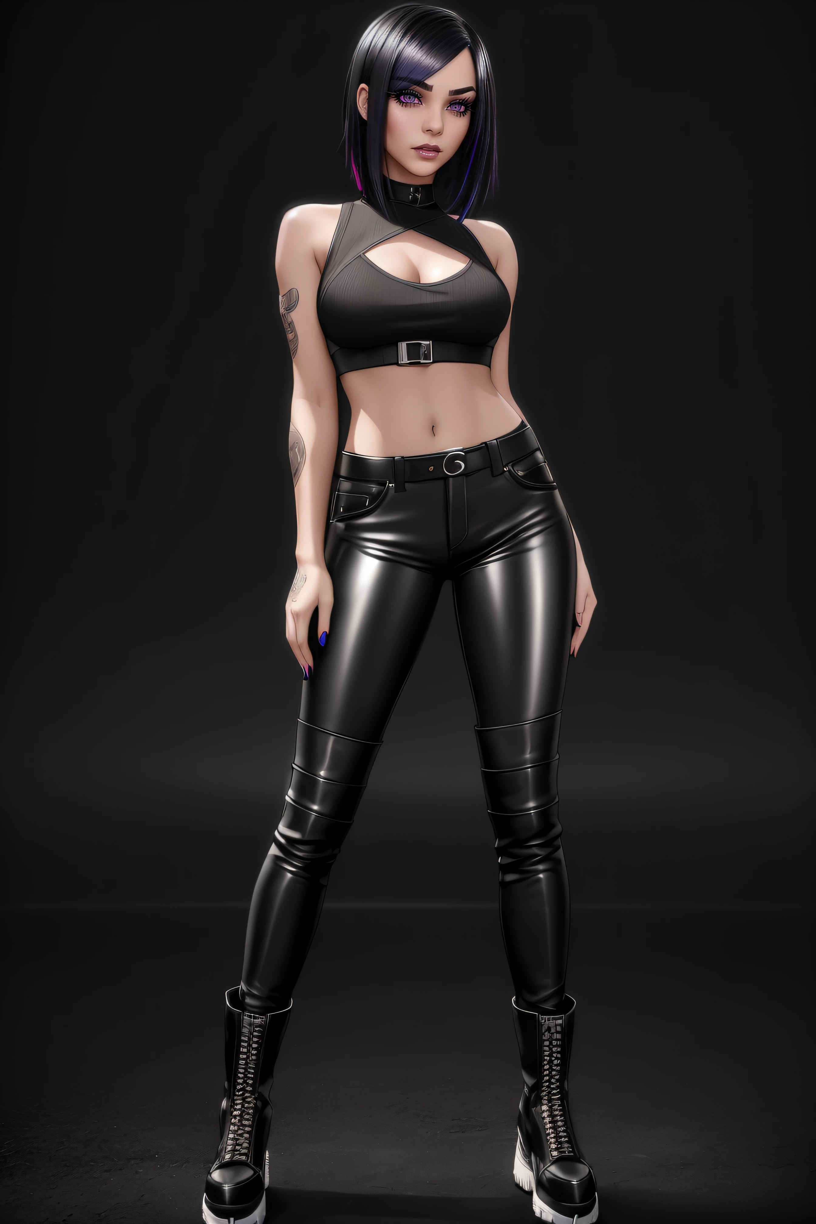 beautiful girl, ((standing:1.4)), (confident gaze:1.1), full body, short bright neon streaked black hair, ((realistic highly detailed eyes:1.4)), ((seductive pose:1.2)), black eyeshadow, (street style wear:1.2), ((tight fitted pants)), ((knee high leather boots)), (dark city night black background:1.4), dark makeup, digital art, trending on artstation, highly detailed, fine detail, intricate, detailed facial features, sharp focus, smooth, aesthetic,