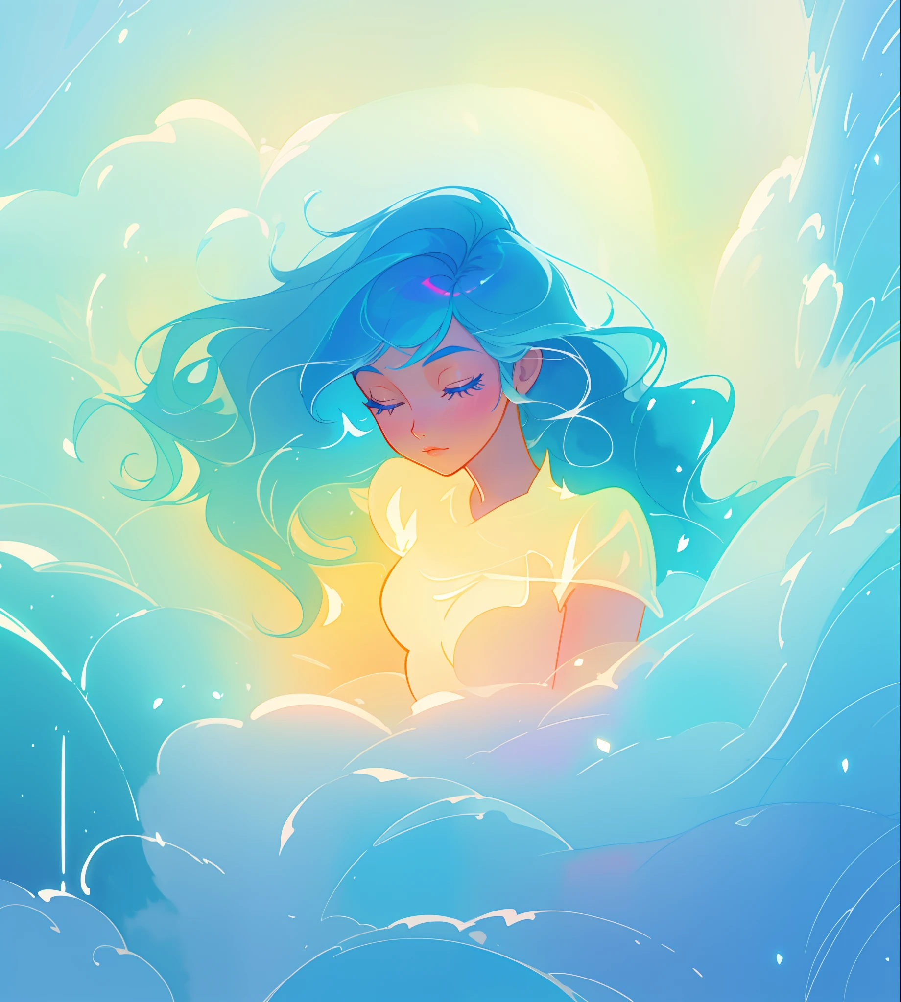 beautiful girl surrounded by liquid light, long wavy blue hair, watercolor illustration, inspired by Glen Keane, inspired by Lois van Baarle, disney art style, by Lois van Baarle, glowing aura around her, by Glen Keane, jen bartel, glowing lights! digital painting, flowing glowing hair, glowing flowing hair, beautiful digital illustration, fantasia otherworldly landscape plants flowers, beautiful, masterpiece, best quality, anime disney style