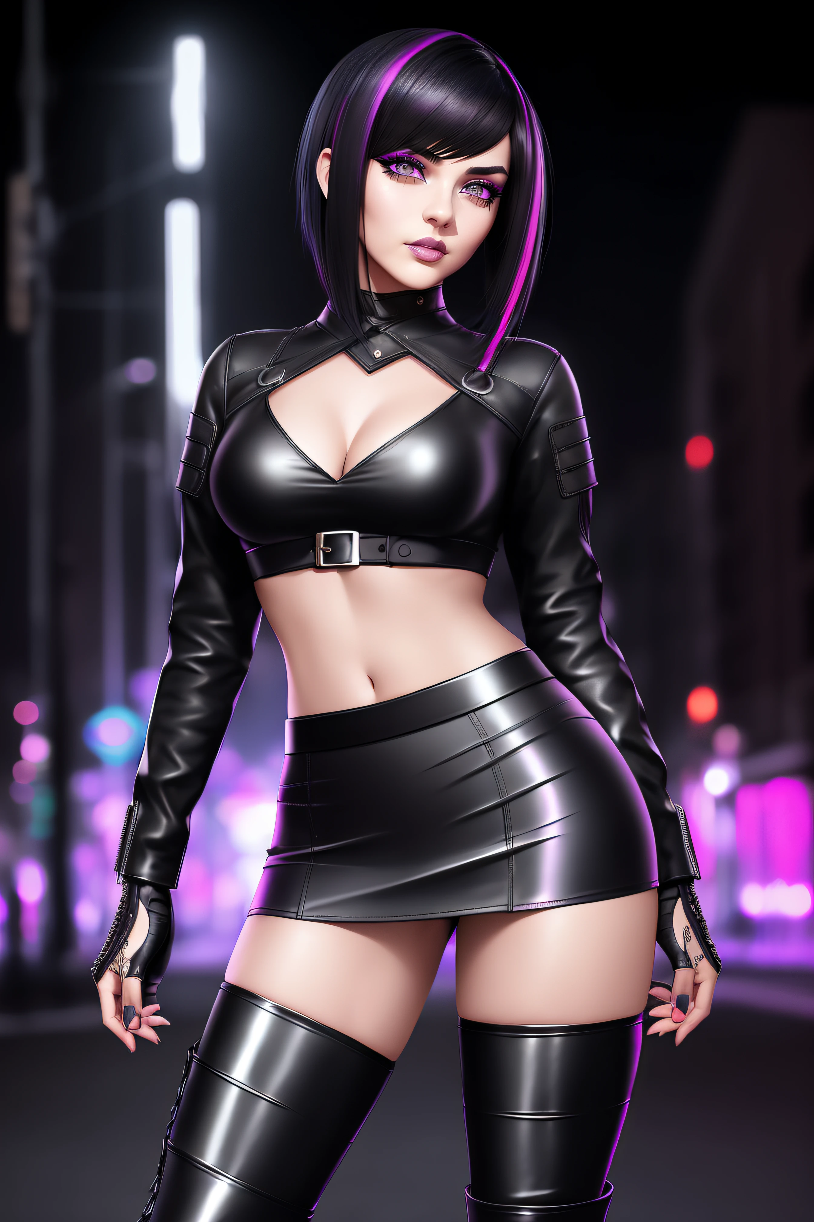 beautiful girl, ((standing:1.4)), (confident gaze:1.1), full body, short bright neon streaked black hair, ((realistic highly detailed eyes:1.4)), ((seductive pose:1.2)), black eyeshadow, (street style wear:1.2), ((tight fitted skirt)), ((knee high leather boots)), (dark city night black background:1.4), dark makeup, digital art, trending on artstation, highly detailed, fine detail, intricate, detailed facial features, sharp focus, smooth, aesthetic,