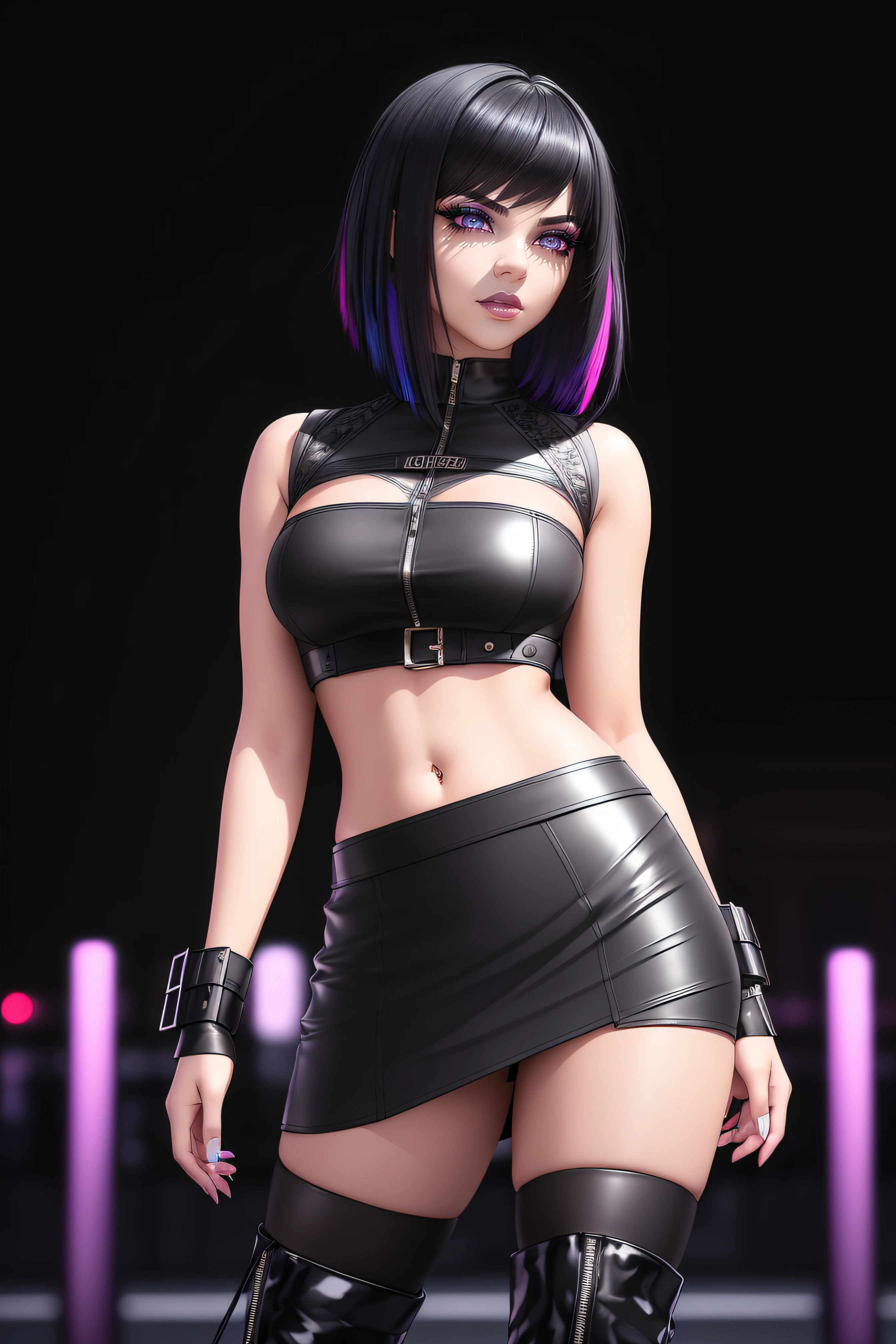 beautiful girl, ((standing:1.4)), (confident gaze:1.1), full body, short bright neon streaked black hair, ((realistic highly detailed eyes:1.4)), ((seductive pose:1.2)), black eyeshadow, (street style wear:1.2), ((tight fitted skirt)), ((knee high leather boots)), (dark city night black background:1.4), dark makeup, digital art, trending on artstation, highly detailed, fine detail, intricate, detailed facial features, sharp focus, smooth, aesthetic,