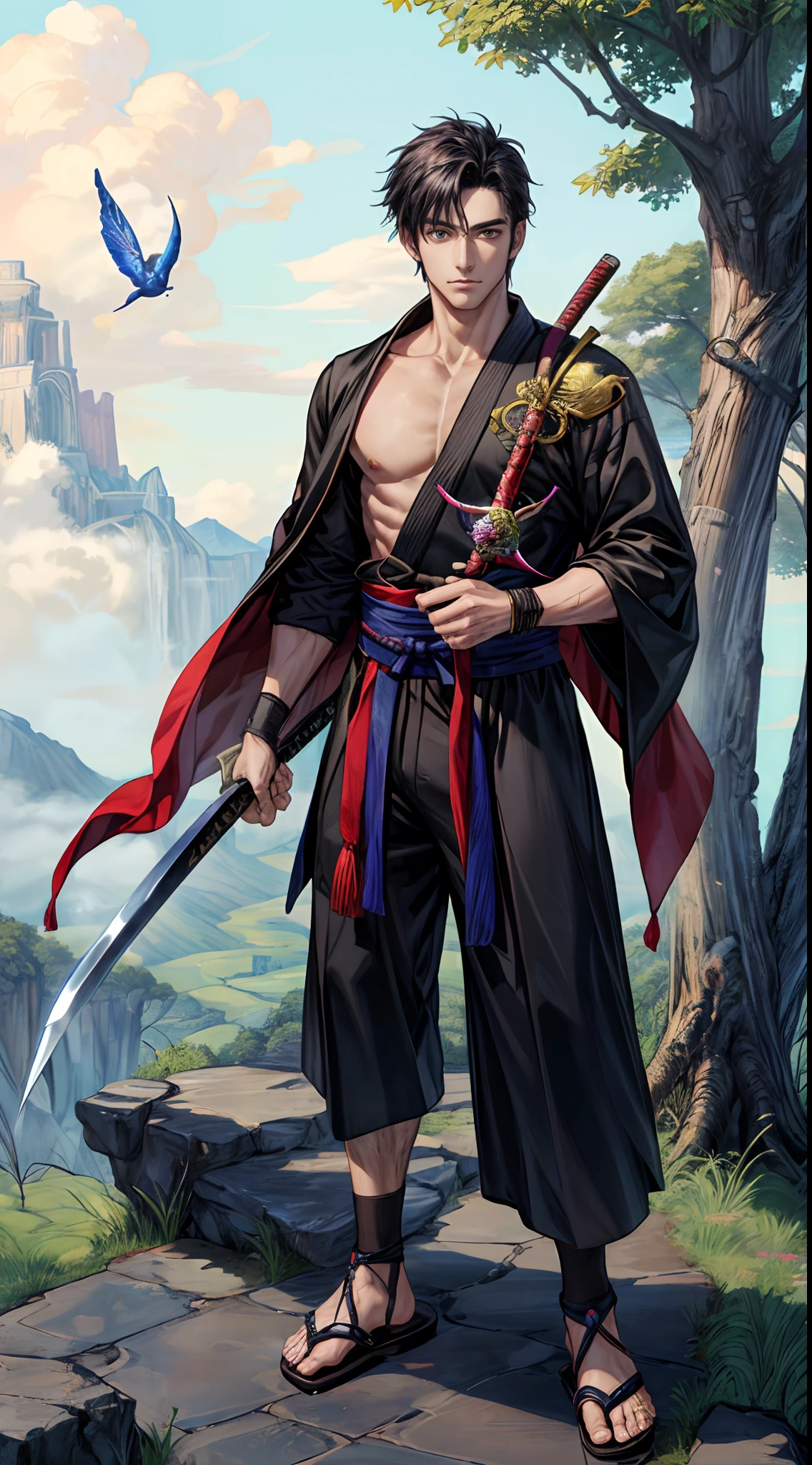 ((Masterpiece, hiquality, absurdress), 1male, black hair, Short hair, straight, gray eyes, a perfect face, the perfect body, sports body, male focus , Male body, 独奏, Detailed eyes and face,  Masterpiece, Best Quality, hight resolution, Ultra-detailed), intricate detials, Cowboy shot, Ethereal fog, fantasy forest, стиль by Dale Chihuly, Tessen, Receive, Fukia, Naginata, ninja, ninja costume, Ninja Sandals, Shuriken, Become a Ninja