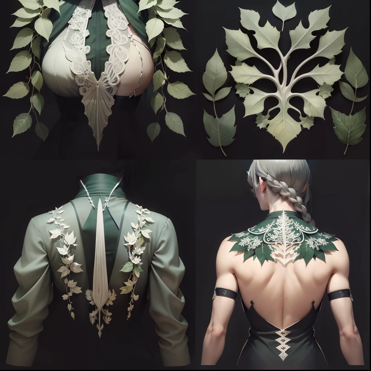 a set of four different leaves on a gray background, very detailed leaves, highly detailed leaves, translucent leaves, intricate art deco leaf designs, highly detailed green leaves, leaves, made of leaf skeletons, leaf, fractal leaves, intricate plants, intricate a whole fantasy leaf, made of leaf skeleton, fine foliage lace, hyperdetailed twigs and plants, many leaves