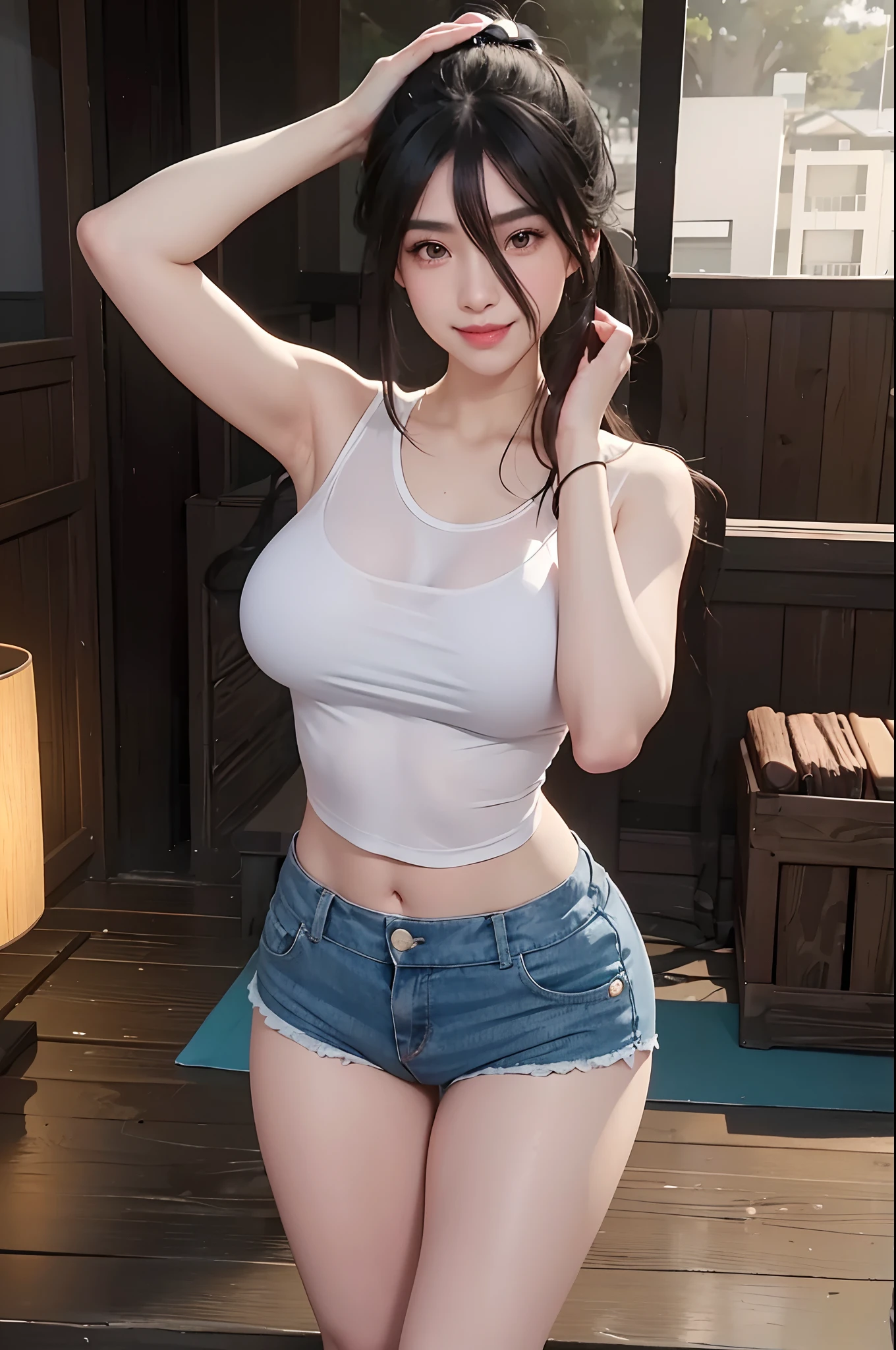 Realistic, 8k, 1girl, long white black ponytail hair, Chinese, heterochromic eyes, moles under the eyes, thick eyebrows, bikini, white panties, tuned abs, thighs, in bed, hanabi hyuga, smile,