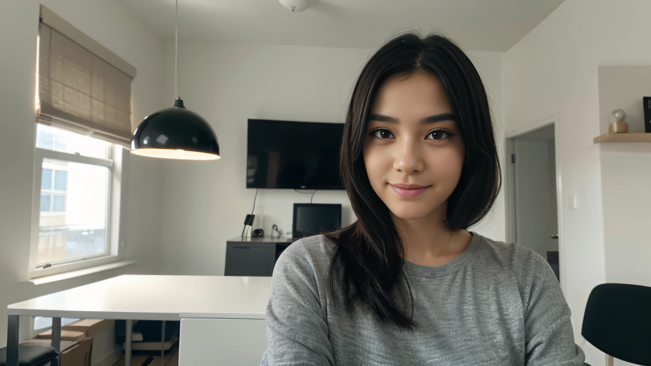 portrait of a cute girl FILMING HERSELF FOR YOUTUBE , sitting correctly in an office, black hair, explaining, long eyelashes, upper body, solid circle eyes, cute small nose , light smile, facing viewer, Surrealism, drop shadow, 8k, super detail, best quality, 1080P, 1080P, 1080P, 4K, 8k, 16k, HD, 1080P