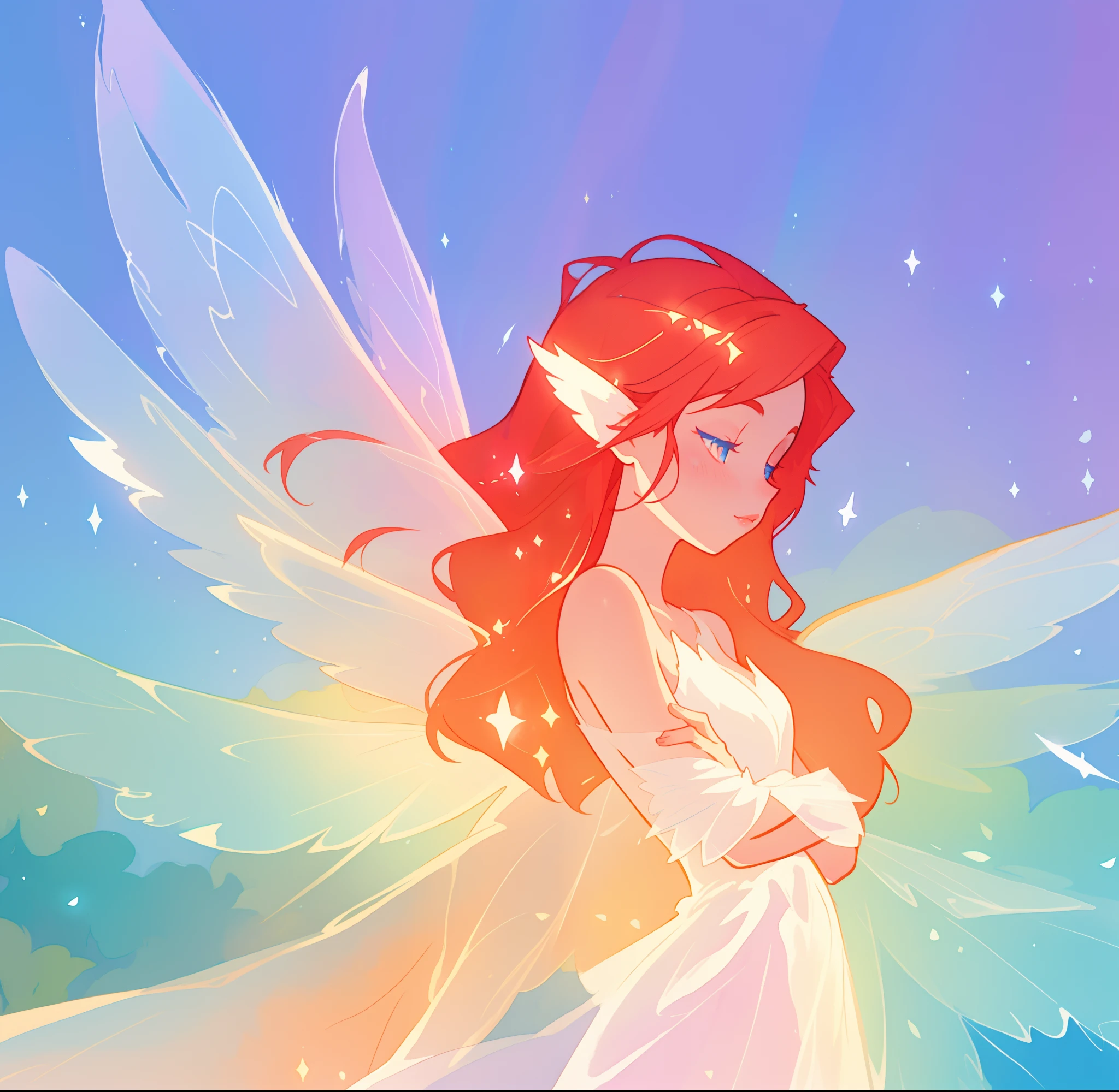 beautiful fairy girl in flowing white dress, fairy dress, fairy queen, (glowing fairy wings), long red hair, sparkling fairy wings, watercolor illustration, inspired by Glen Keane, inspired by Lois van Baarle, disney art style, by Lois van Baarle, glowing aura around her, by Glen Keane, jen bartel, glowing lights! digital painting, flowing glowing hair, glowing flowing hair, beautiful digital illustration, fantasia otherworldly landscape plants flowers, beautiful, masterpiece, best quality, anime disney style