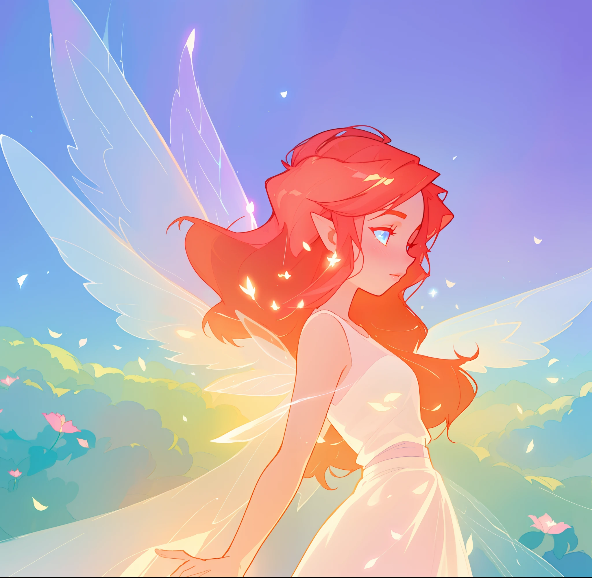 beautiful fairy girl in flowing white dress, fairy dress, fairy queen, (glowing fairy wings), long red hair, sparkling fairy wings, watercolor illustration, inspired by Glen Keane, inspired by Lois van Baarle, disney art style, by Lois van Baarle, glowing aura around her, by Glen Keane, jen bartel, glowing lights! digital painting, flowing glowing hair, glowing flowing hair, beautiful digital illustration, fantasia otherworldly landscape plants flowers, beautiful, masterpiece, best quality, anime disney style