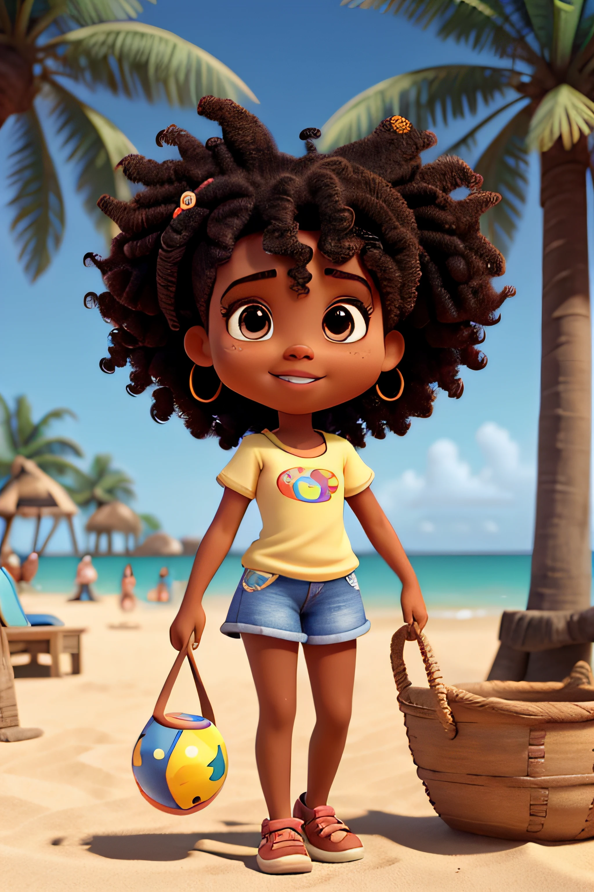CRIE POSTER PIXAR ESTILO DISNEY 3D, de 5 anos afrodescendente na praia brincando na areia