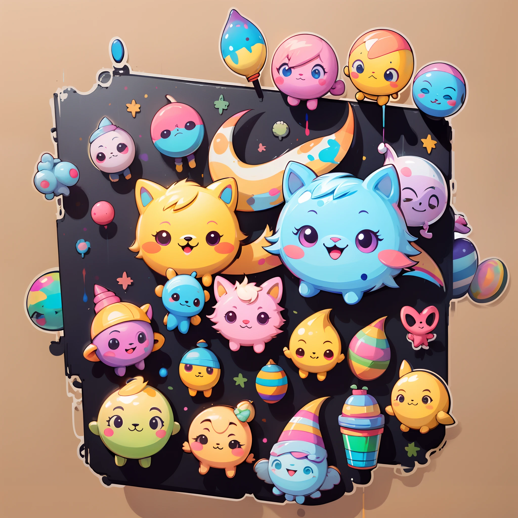 a sticker, 20 cute girls, Simple background, colorful backdrop, No background, looking-down, looking-down、Paint dripping、masterpiece