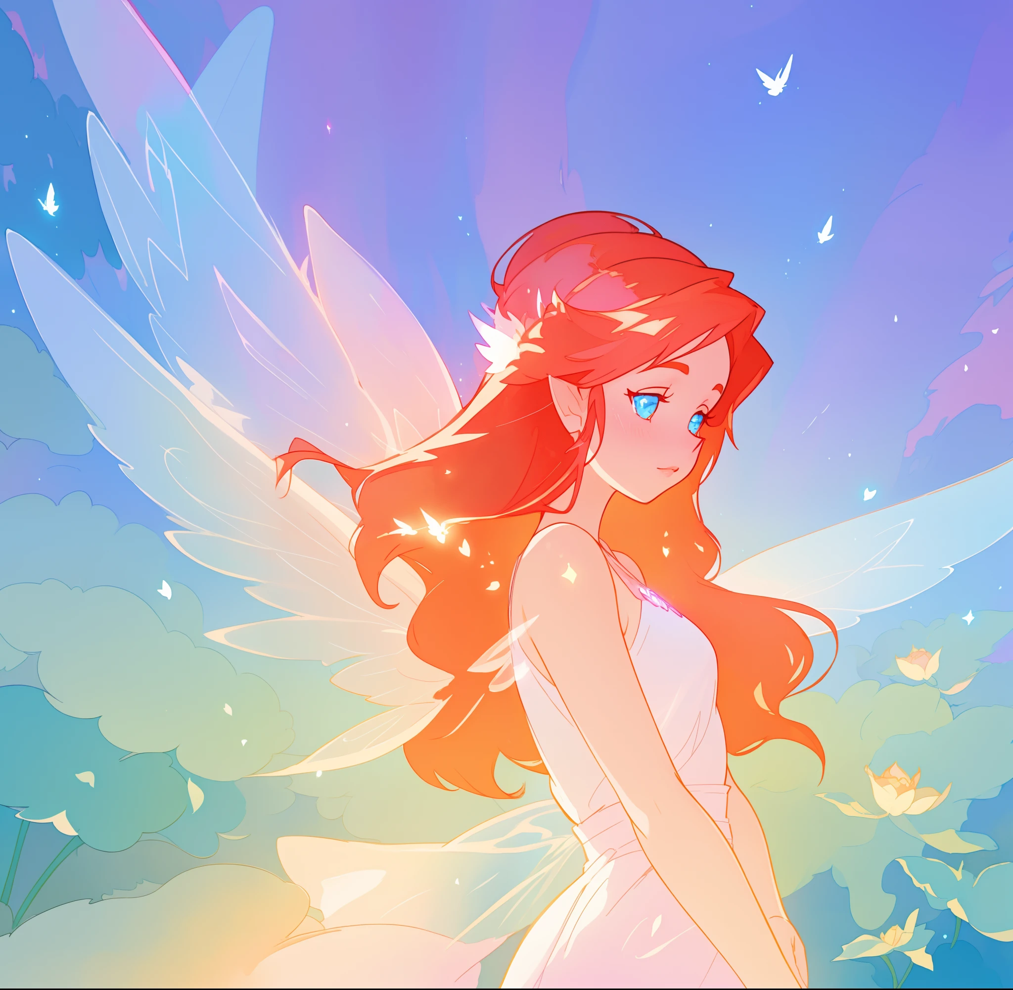 beautiful fairy girl in flowing white dress, fairy dress, fairy queen, (glowing fairy wings), long red hair, sparkling fairy wings, watercolor illustration, inspired by Glen Keane, inspired by Lois van Baarle, disney art style, by Lois van Baarle, glowing aura around her, by Glen Keane, jen bartel, glowing lights! digital painting, flowing glowing hair, glowing flowing hair, beautiful digital illustration, fantasia otherworldly landscape plants flowers, beautiful, masterpiece, best quality, anime disney style