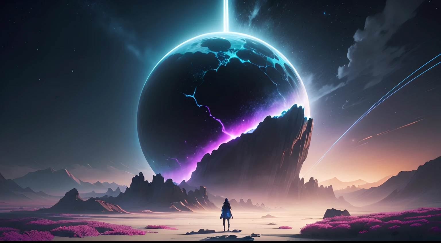:pincel: Imagem criada por **(master part), (best quality), (ultra-detalhado), Um capricho, Surreal dreamscape where digital and organic worlds collide. Imagine um expansivo, Open meadow under a sky transitioning from dusk to night, com nuvens semipixeladas e cintilantes, estrelas low-poly. Classic 8-bit character sprites play with ethereals, Translucent creatures inspired by folklore and mythology, como fadas e bebidas espirituosas. In this collision of worlds, The flora is a mixture of lush, Hyper-realistic, low-resolution plants, Voxel-based trees and flowers, criando um contraste hipnotizante. Um destaque, O majestoso salgueiro no centro atua como um nexo, deixa uma cascata de luzes LED cintilantes, seu tronco um elegante, Polished obsidian monolith. No estilo de Yoko Honda encontra Roger Dean, Combine o vibrante, Geometric retrofuturism with the flow, Organic Fantasy. Think of a juxtaposition of sharp, Digital angles with smoothing, Curvas naturais, iluminado por um radiante, Paleta neon contra o veludo, Indigo Night Sky. For a tangible sense of depth and reality, renderizar usando o Unreal Engine 5, employing its advanced lighting and atmospheric effects to make the scene pulse with life and energy. This visual symphony is captured from a slight tilt, Dutch angle, providing a sense of imbalance and otherworldly, com a linha do horizonte enviesada, making the viewer feel as if they have entered a space where ordinary rules don't apply**