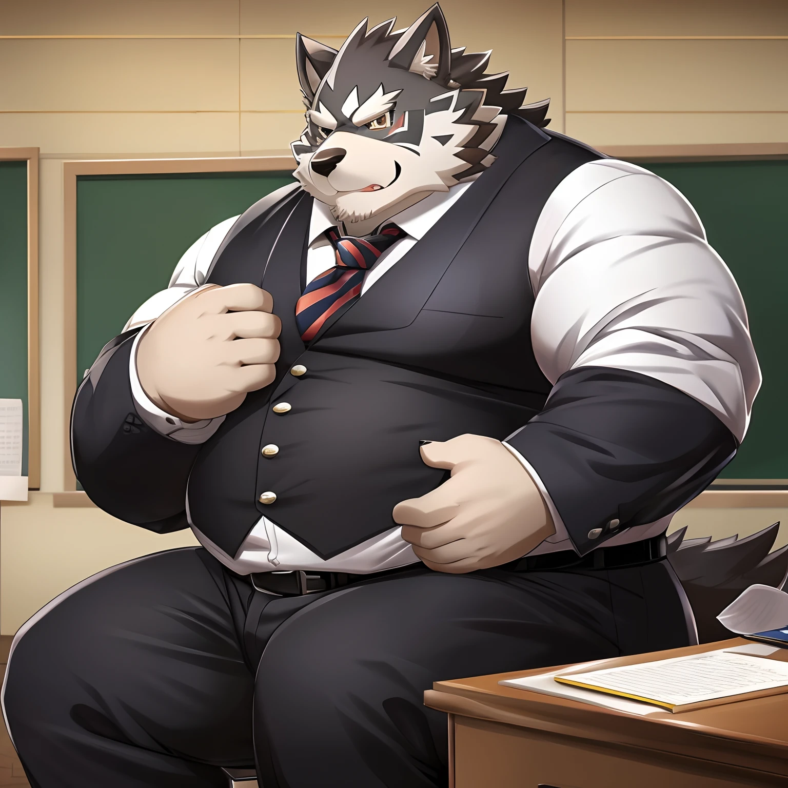 Wolf, Tokyo Afterschool Summoners, Muscle, musclegut, muscle intestinal,Male mature, Teacher , Kemono,tie, collared shirt, opened pants, boxer with love paterns,showing dick, precum, looking sedusive,Black Suit,RPG game, Character Housamo.