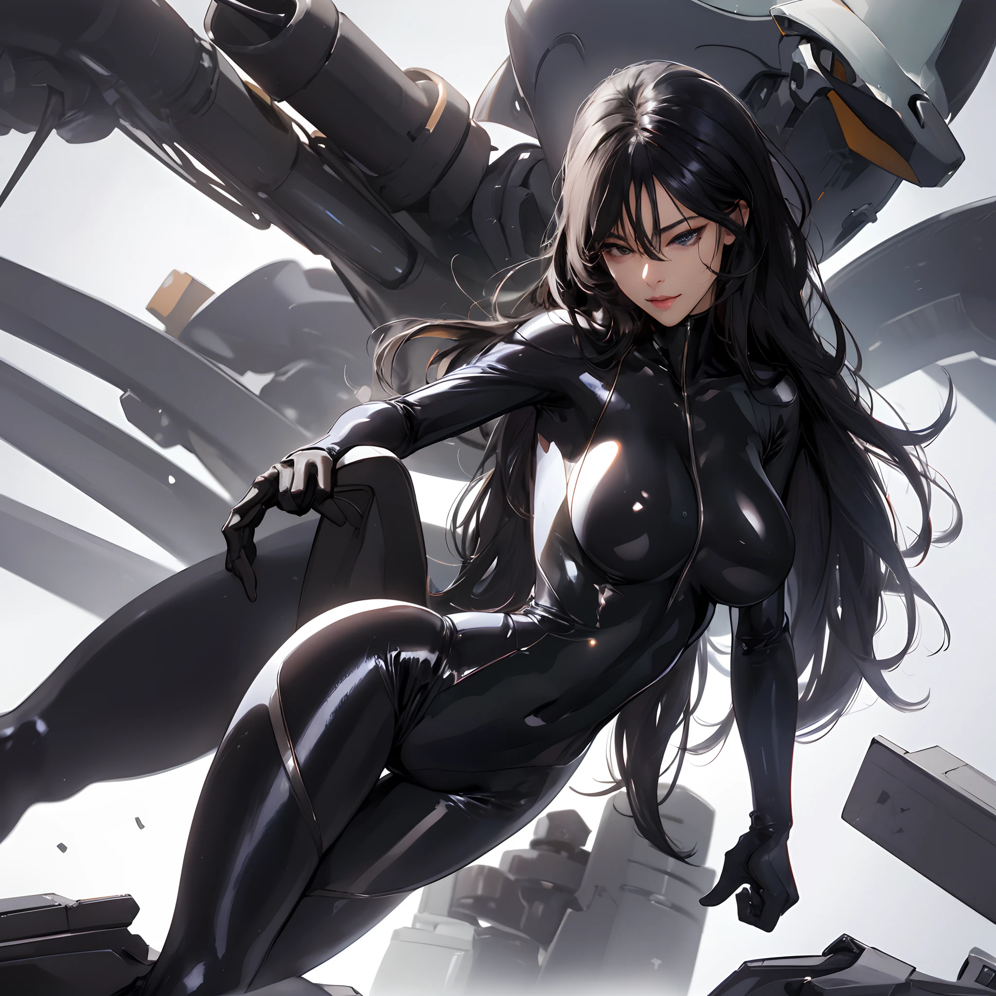 (Very detailed), (8k quality), (big breasts), (be tight body suit), (black long shiny hair), ( shown through the suit), (Sexy figure), (young girl), (squeezing her thigh)