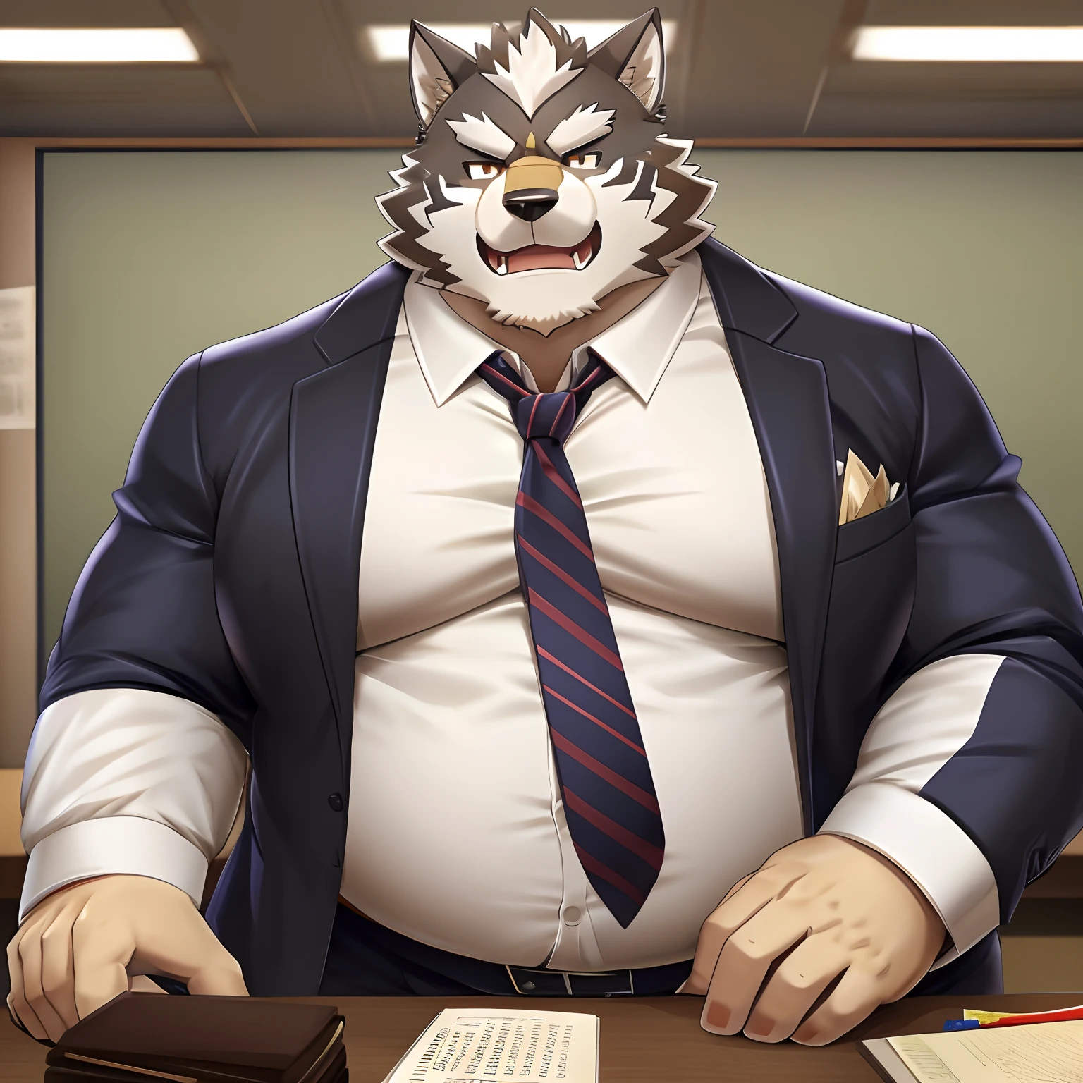 Wolf, Tokyo Afterschool Summoners, Muscle, musclegut, muscle intestinal,Male mature, Teacher , Kemono,tie, collared shirt, opened pants, boxer with love paterns,showing dick, precum, looking sedusive,Black Suit,RPG game, Character Housamo.