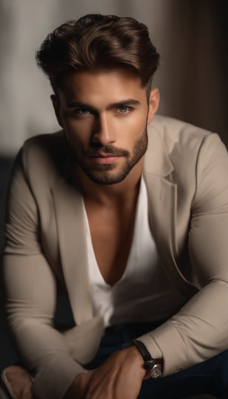 (La mejor calidad,4k,8k,Altas Resoluciones,Obra maestra:1.2),Ultra detallado,(realista,fotorrealista,fotorrealista:1.37),masculino,26-year-old man,Barba detallada,Penetrating gaze at the camera,Hermosos ojos,ojos expresivos,Luz solar natural,sombras sutiles,strong jawline,mirada intensa,Cabello OSCURO,Pose elegante,confident expression,Studio lighting,foco nítido,vivid colors,Bokeh,portrait photography