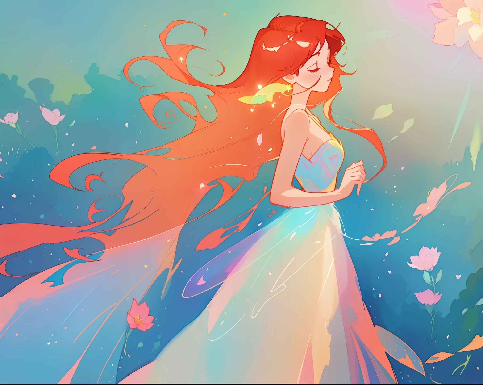 beautiful girl in flowing shimmering dress, fairy dress, long red hair, magical, whimsical, watercolor illustration, flowers and colorful plants, inspired by Glen Keane, inspired by Lois van Baarle, disney art style, by Lois van Baarle, glowing aura around her, by Glen Keane, jen bartel, glowing lights! digital painting, flowing glowing hair, glowing flowing hair, beautiful digital illustration, fantasia otherworldly landscape plants flowers, beautiful, masterpiece, best quality, anime disney style