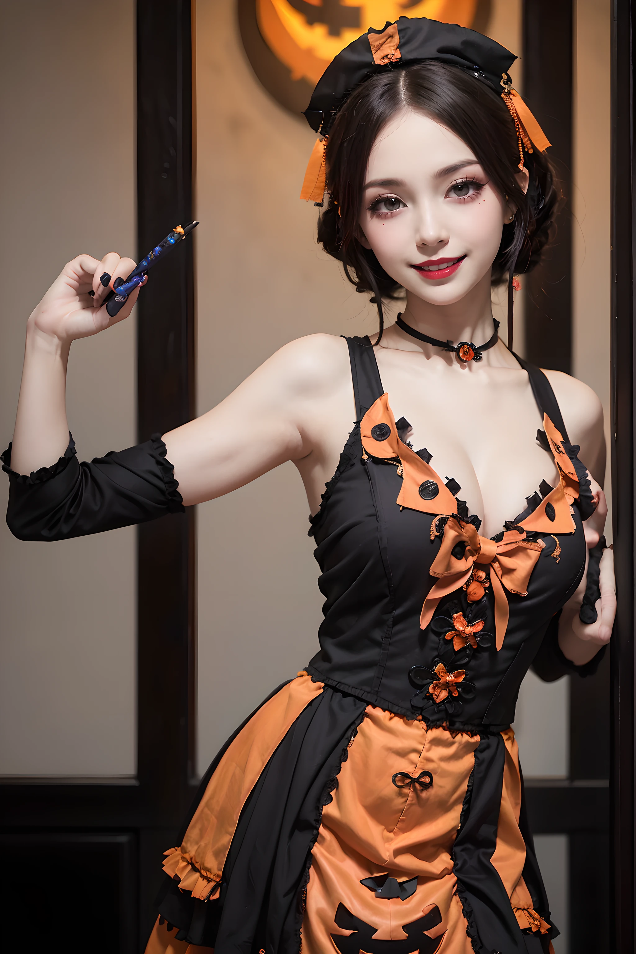 (Halloween theme:1.3), upper body portrait of a tall very busty beautiful milf wearing skin tight jiangshi costume, halloween costume, insanely detailed embroidery halloween costume, (fusion of jiangshi and gothic ta:1.3), ((;D1.5)), (happy smile:1.3), perfect face,perfect eyes,HD details,high details,sharp focus,studio photo,HD makeup,shimmery makeup,celebrity makeup,(( centered image)) (HD render)Studio portrait, magic, magical, fantasy, Halloween , Halloween party, (jack-o'lantern:1.3), blonde hair, jiangshi, 4hands and thumb, perfect ratio hands, (arms down:1.5), (arms behind back:1.5), (upper body:1.3),