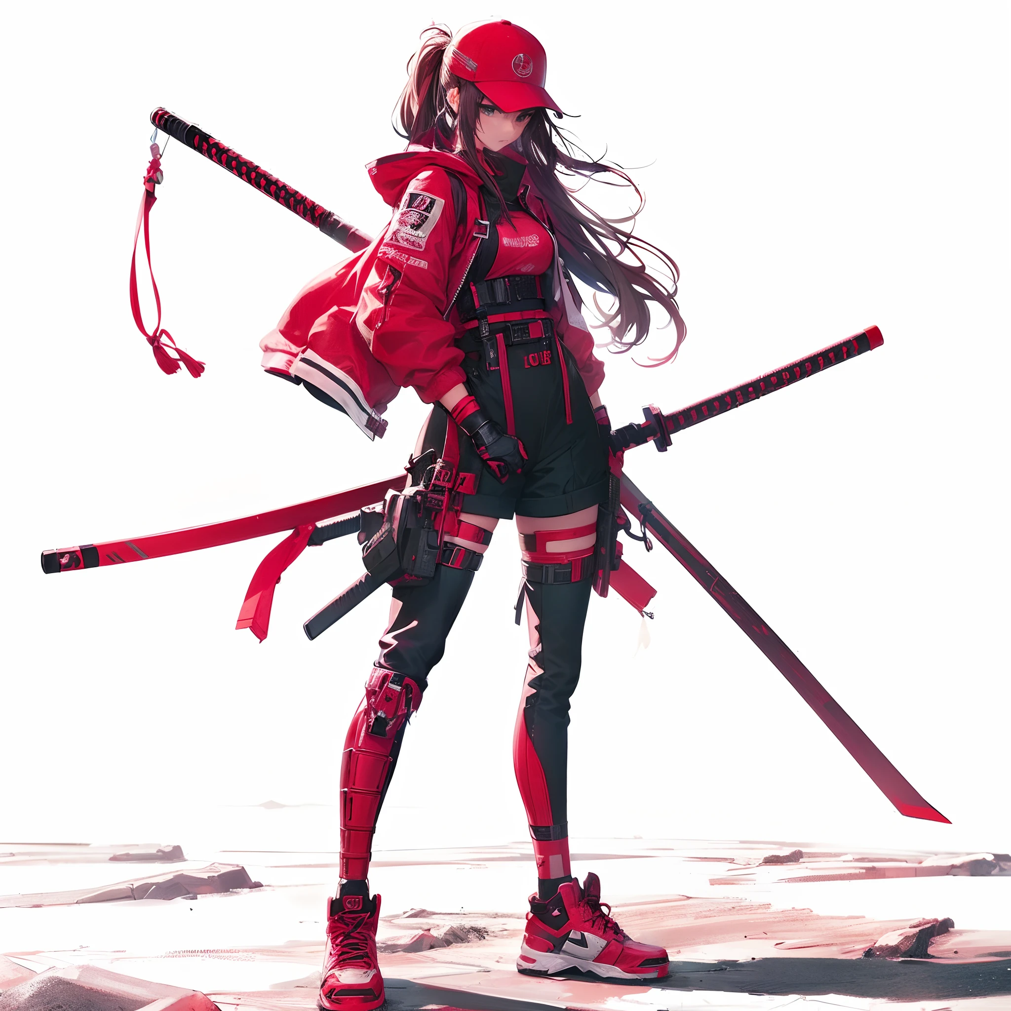 (masutepiece), (Perfect athlete body:1.2), Anime style, Full body, Cyberpunk Ninja Girl, Red Japan Devil, Wearing street fashion. Wielding a long spear, Standing in the wasteland, Wear high-tech boots, White background, Whole body,
