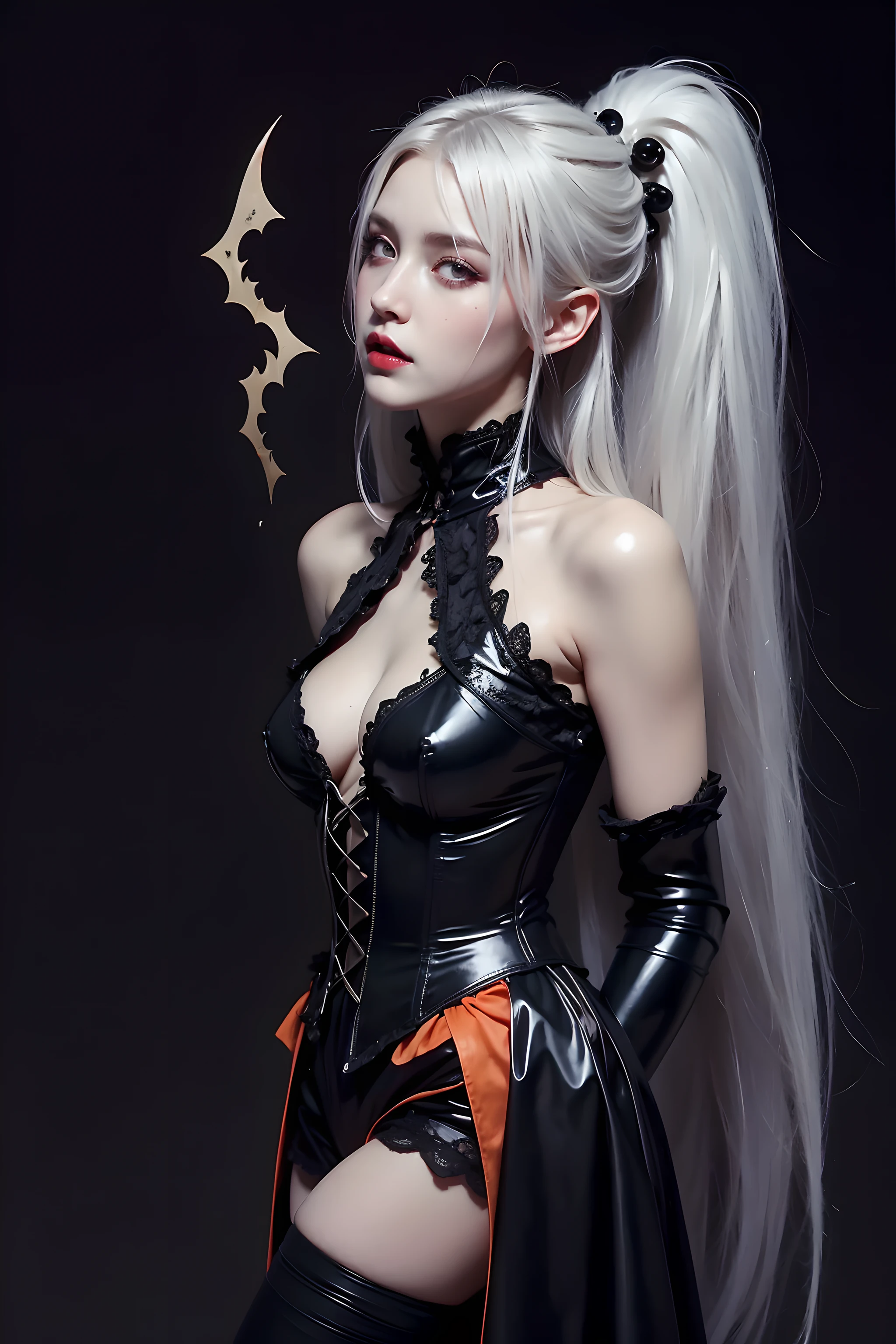 (Halloween theme:1.3), (fantasy:1.3), (vampire queen:1.3), (silver long hair:1.3), (red eyes:1.3), (vampire fangs:1.3), (extremely pretty and beautiful vampire queen:1.3), BREAK, Beautiful illustration, top-quality, (cute Russian vampire queen:1.3, Caucasian:1.3), having vampire features, (vampire queen:1.5), BREAK, (red eyes:1.5, pale skin:1.1), (beautiful, 20 years old:1.5), slim, slender, (big sagging breasts), (clean face:1.3), (vampire fangs:1.3), (ash hair:1.3), (white hair:1.3), (silver hair:1.3), BREAK, (fusion of red medieval cape dress and black elegant full lacy gothic dress), (latex corset), (black latex stockings), (knee-high-over-boots, pin-hells), (insanely detailed clothes), (halloween costume), BREAK, ((arms back:1.5)), blue eyess, lovely thighs, (jack o'lantern:1.3), (looking straight at the viewer), (view viewer:1.3), (upper body:1.3), top angle, simple black background, (((dark background:1.5))), (halloween:1.5), (halloween background:1.5), (low-key lighting, (moody ambiance):1.2, dark shadows, subtle highlights, mysterious aura),