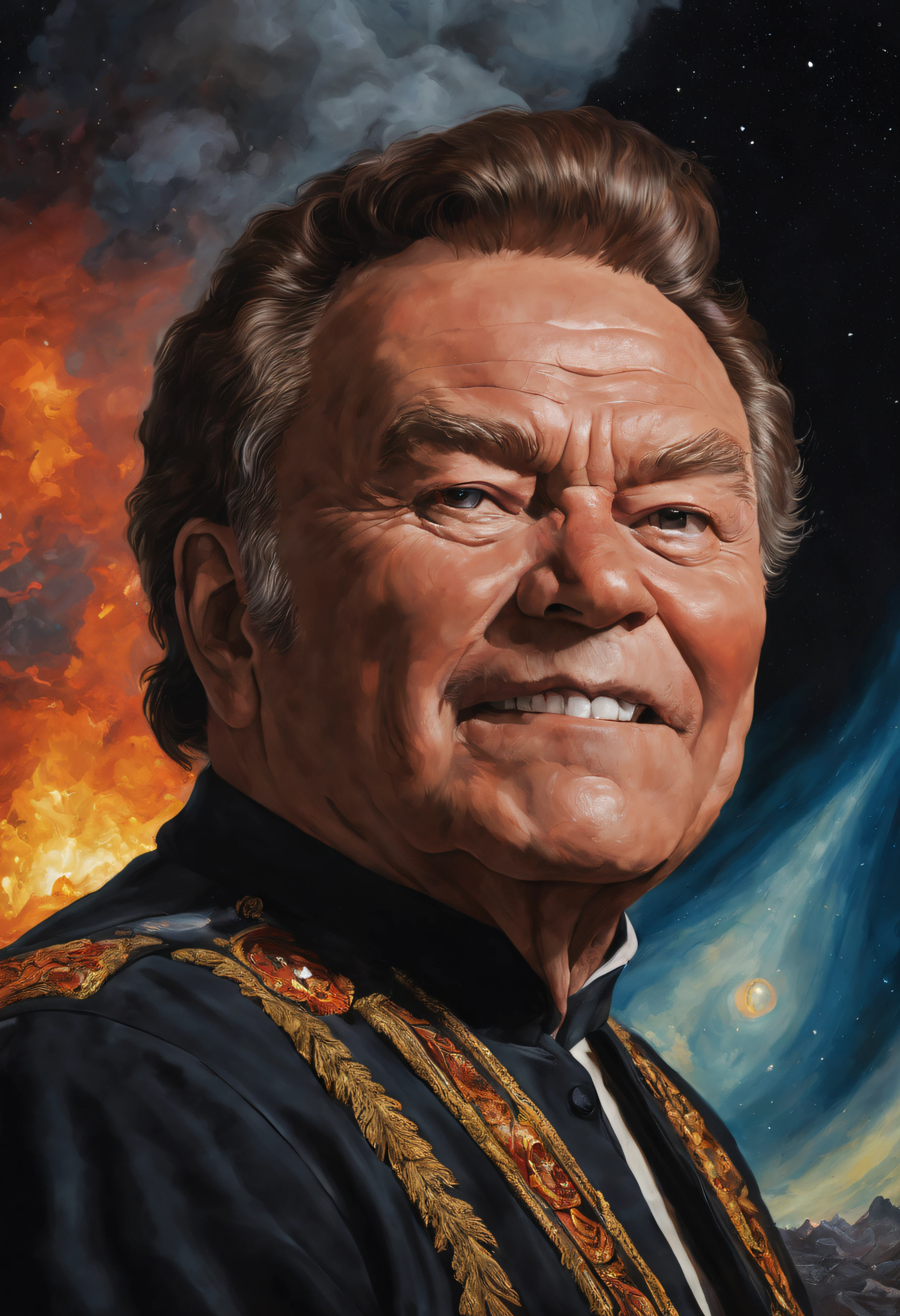 a facial portrait of Roy Clark, oil painting on canvas in the art style of Caravaggio, Thomas Kinkade, Neal Adams, Frank Frazetta, Boris Vallejo, Rembrandt, extremely colorful, outer space, planets, stars, galaxies, fire, explosions, smoke, volcanic lava, craggy mountain peaks in the background, 32k UHD, 1080p, hyper realistic, photorealistic, realistic, 1200ppi, 2000dpi, Highly detailed, extremely sharp, vibrant, colorful, well lit, full field of depth, professional quality studio image
