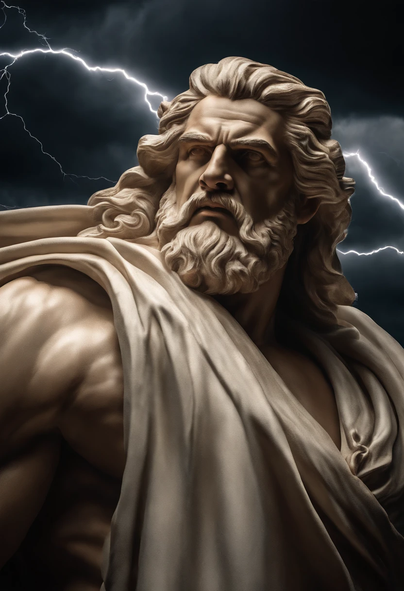 White statue of Marcus Aurelius shirtless, muscular, with a book in hand, lightning background in the sky and storm