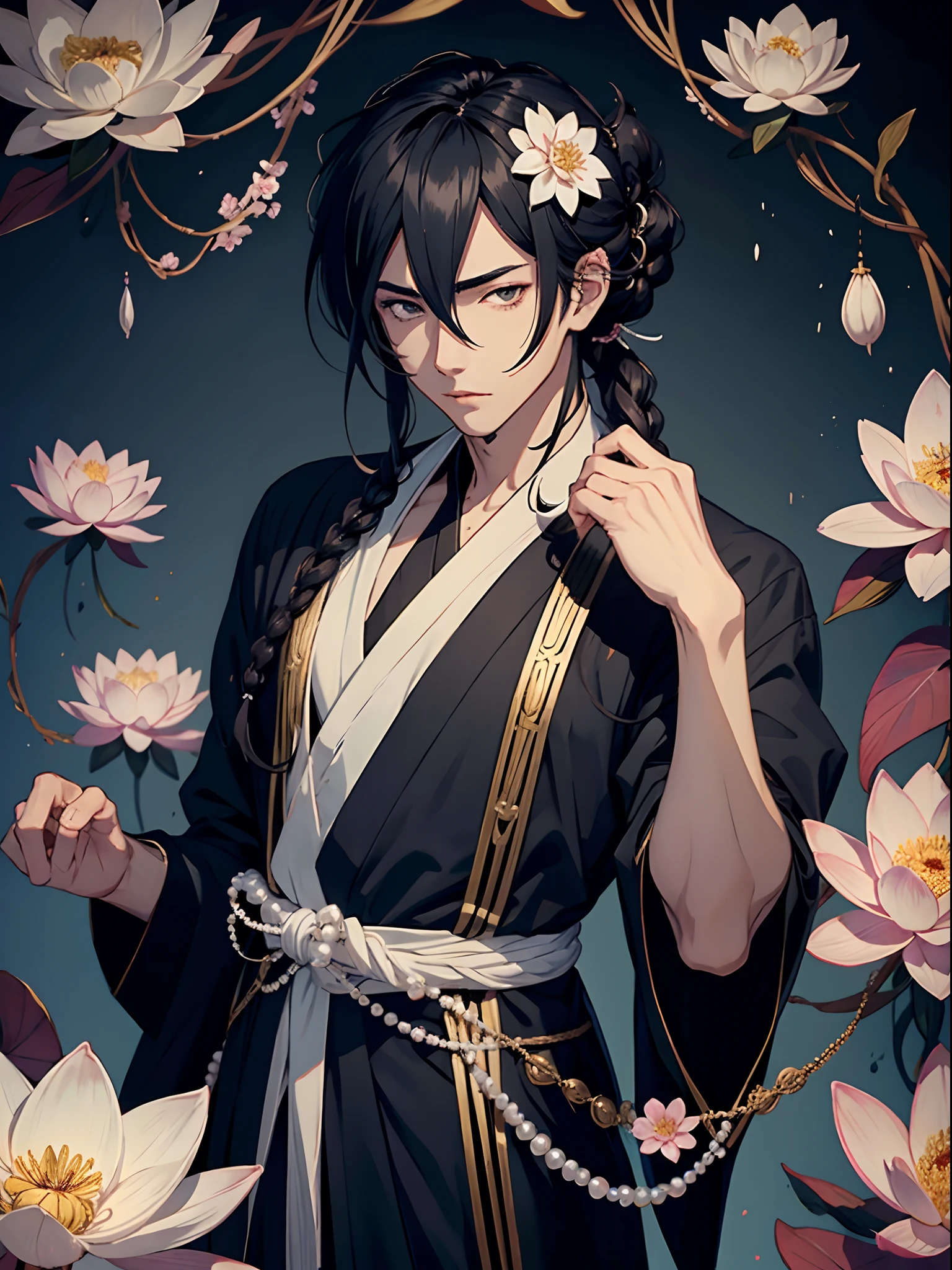 anime handsome man, detailed black hair in intricate hairstyle, hair strands, simple robe, lotus flower, pearls