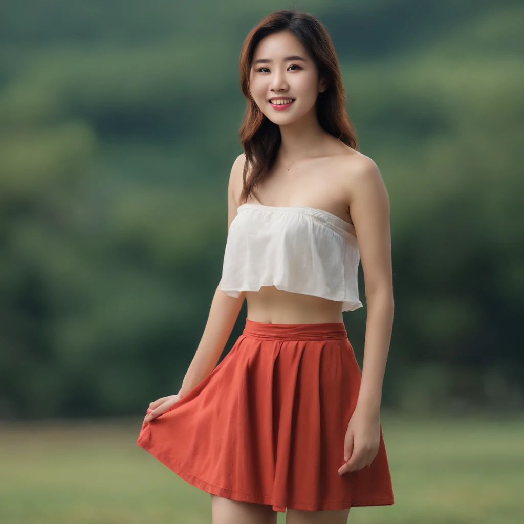 A cute asian girl wearing only a skirt ,topless , naked , simple background