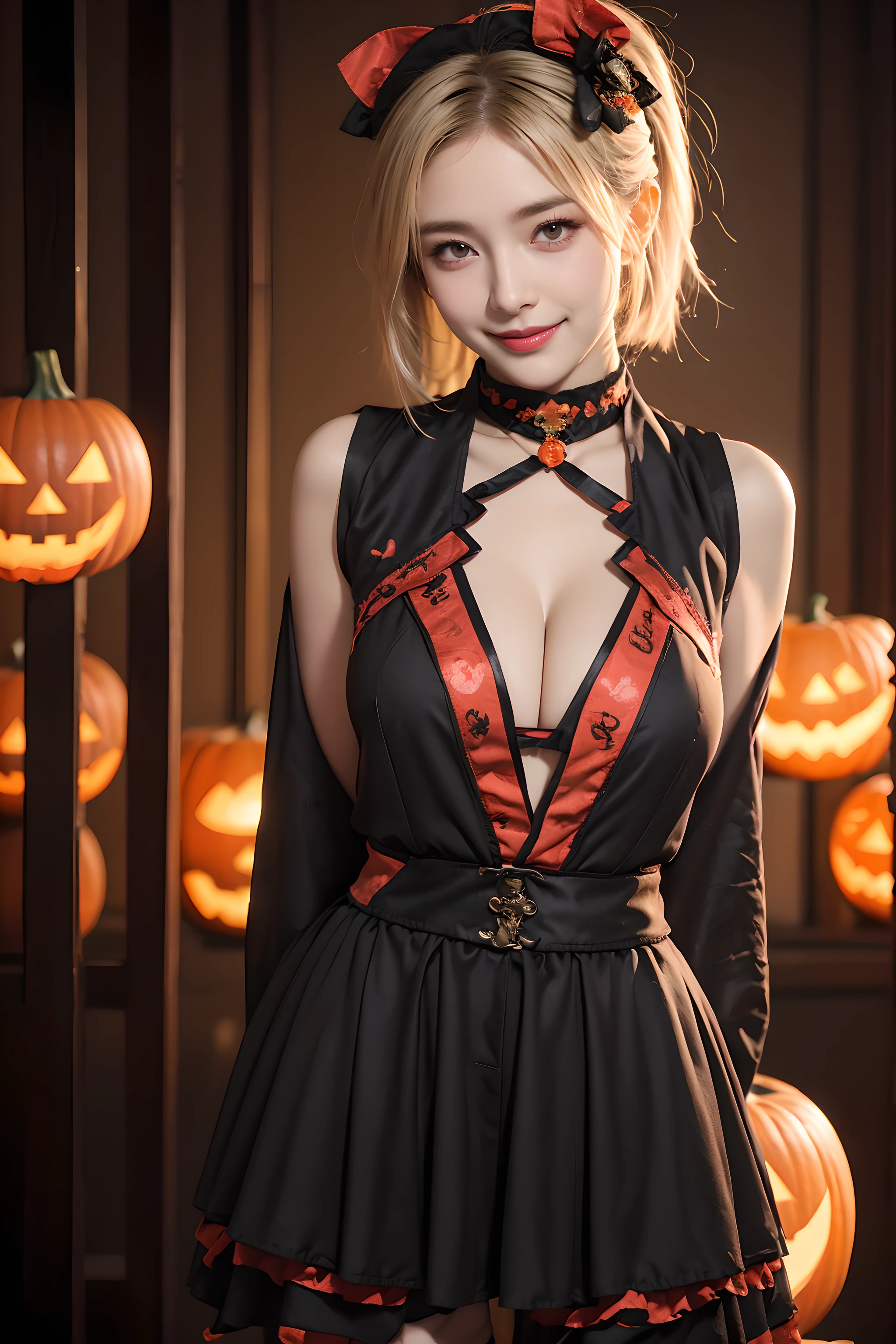 (Halloween theme:1.3), upper body portrait of a tall very busty beautiful milf wearing skin tight jiangshi costume, halloween costume, insanely detailed embroidery halloween costume, (fusion of jiangshi and gothic ta:1.3), ((;D1.5)), (happy smile:1.3), perfect face,perfect eyes,HD details,high details,sharp focus,studio photo,HD makeup,shimmery makeup,celebrity makeup,(( centered image)) (HD render)Studio portrait, magic, magical, fantasy, Halloween , Halloween party, (jack-o'lantern:1.3), blonde hair, jiangshi, 4hands and thumb, perfect ratio hands, (arms down:1.5), (arms behind back:1.5), (upper body:1.3),