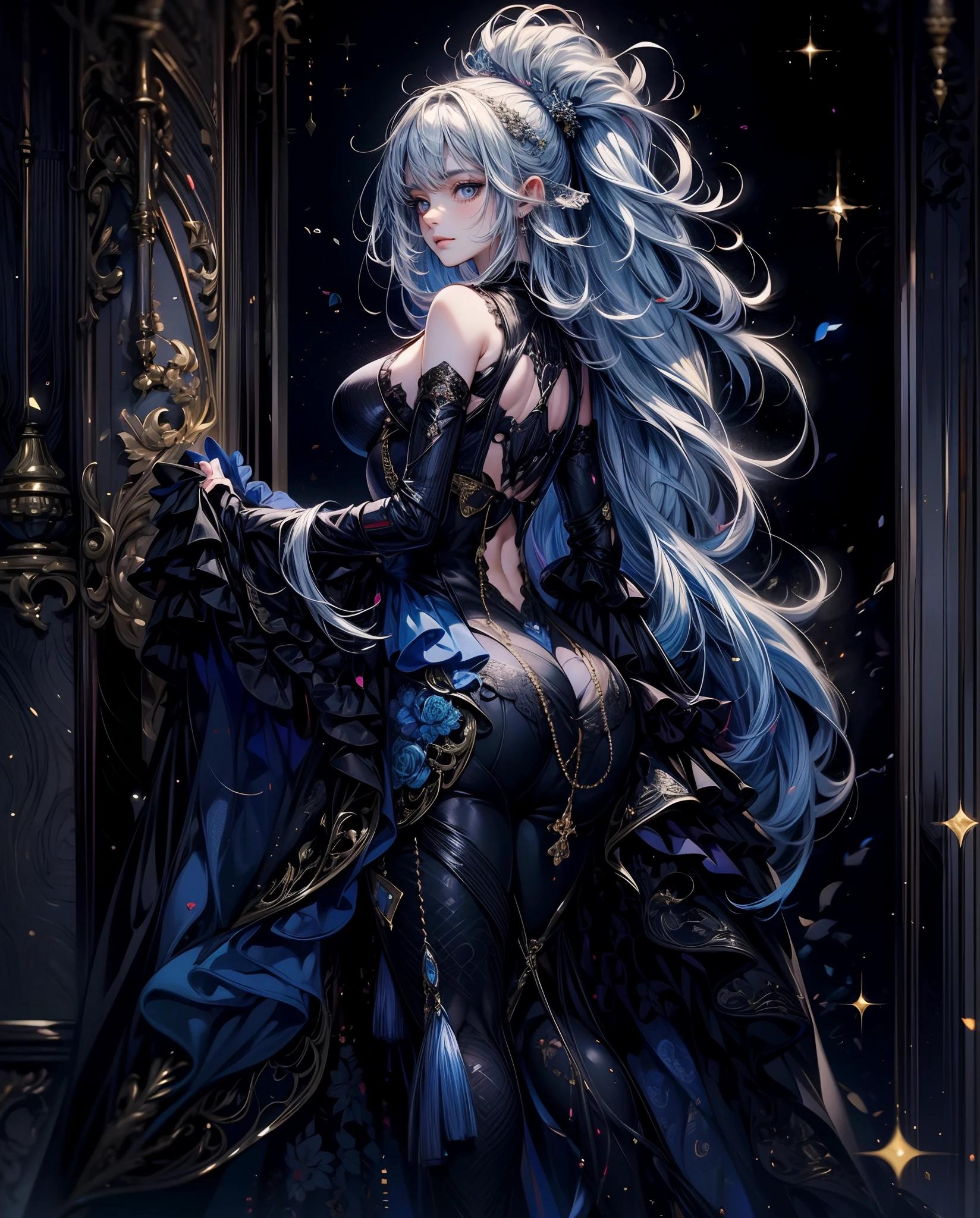 Fine illustration, ultra detailed, highres, from front, , elegant woman, elegant pose, black_dress, bodysuit, white_glistening long hair, beautiful woman, scenary world, detailed bodysuit with glittery decoration of dress, detailed embroidery, extremely layered frills, detailed texture, detailed pattern, room background,