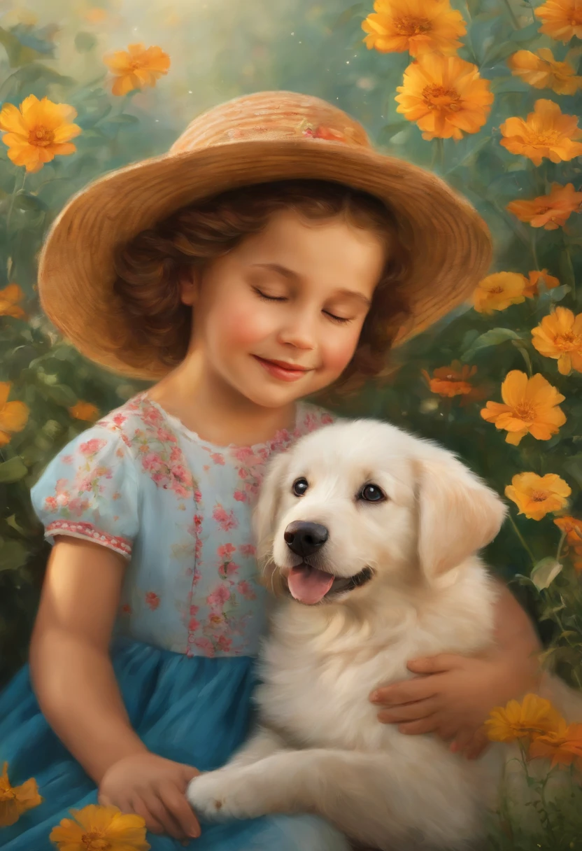 Create a high-quality image that captures the pure joy and innocence of childhood. em um jardim deslumbrante, covered in a profusion of flowers with vibrant cores, a , With eyes full of wonder, Stays by the side of a loyal and affectionate dog. a child, com idade aproximada de quatro anos, irradia felicidade. She is dressed in colorful clothes that match the flowers around her. Her face is lit up with a charming smile as she reaches out to pet the dog. Seus olhos brilham de curiosidade e alegria sincera. the Dog, um amigo de quatro patas, It is portrayed as a docile and loyal creature. Your skin is soft and glowing, com detalhes minuciosos que destacam sua textura. He tilts his head gently towards the child, demonstrating a special connection between them. Their eyes express love and devotion. The garden is full of intensely colored flowers, Creating an explosion of tons and aromas. Each flower is depicted in advanced detail, Exibindo detalhes de forma realista, figuras e folhas. A luz do sol cai suavemente sobre a cena, Enhancing vibrant cores and creating soft shadows. The composition of the image should be cinematic, with a frame that highlights the child and the dog amidst the profusion of flowers, evoking a feeling of wonder and awe. Lighting should create a magical atmosphere, emphasizing the emotional connection between the child and his faithful canine friend. This image should convey the beauty of childhood, a alegria da descoberta e a pureza da amizade entre humanos e animais. Cada detalhe deve ser cuidadosamente renderizado para criar uma obra de arte visualmente impressionante e emocionalmente impactante.