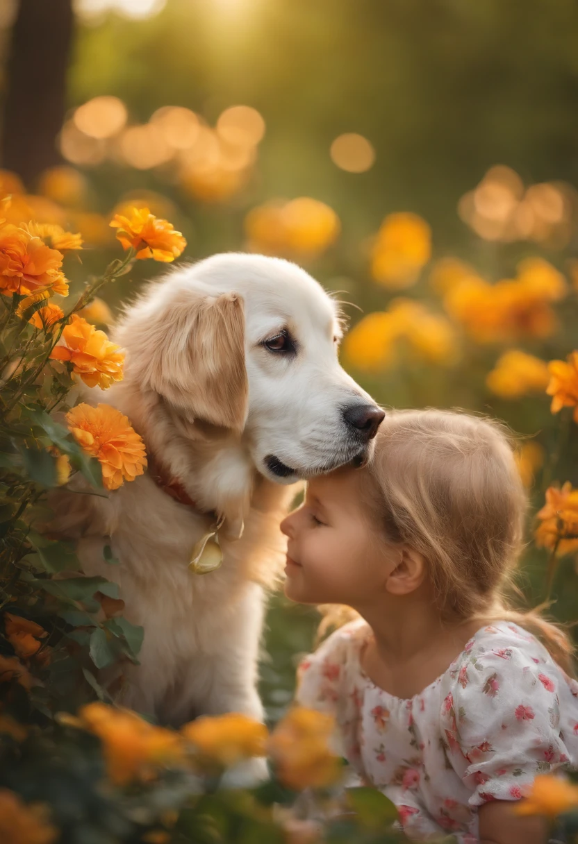 Create a high-quality image that captures the pure joy and innocence of childhood. em um jardim deslumbrante, covered in a profusion of flowers with vibrant cores, a small child, With eyes full of wonder, Stays by the side of a loyal and affectionate dog. a child, com idade aproximada de quatro anos, irradia felicidade. She is dressed in colorful clothes that match the flowers around her. Her face is lit up with a charming smile as she reaches out to pet the dog. Seus olhos brilham de curiosidade e alegria sincera. the Dog, um amigo de quatro patas, It is portrayed as a docile and loyal creature. Your skin is soft and glowing, com detalhes minuciosos que destacam sua textura. He tilts his head gently towards the child, demonstrating a special connection between them. Their eyes express love and devotion. The garden is full of intensely colored flowers, Creating an explosion of tons and aromas. Each flower is depicted in advanced detail, Exibindo detalhes de forma realista, figuras e folhas. A luz do sol cai suavemente sobre a cena, Enhancing vibrant cores and creating soft shadows. The composition of the image should be cinematic, with a frame that highlights the child and the dog amidst the profusion of flowers, evoking a feeling of wonder and awe. Lighting should create a magical atmosphere, emphasizing the emotional connection between the child and his faithful canine friend. This image should convey the beauty of childhood, a alegria da descoberta e a pureza da amizade entre humanos e animais. Cada detalhe deve ser cuidadosamente renderizado para criar uma obra de arte visualmente impressionante e emocionalmente impactante.