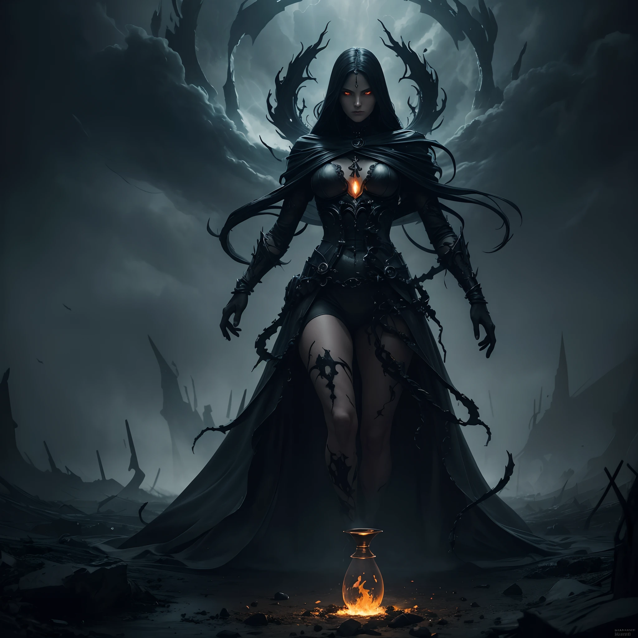 a haunting masterpiece. Against a backdrop of deep, obsidian black, there's an intricate, almost skeletal, hourglass suspended in mid-air, its top half filled with dark, turbulent storm clouds, and the bottom half filled with swirling, molten gold. It represents the passage of time and the ever-present duality of good and evil. At the heart of the hourglass, an imposing, shadowy figure with piercing, fiery eyes stands with arms outstretched, surrounded by ethereal tendrils of darkness and radiant wisps of light. This figure symbolizes the internal struggle and the eternal quest for retribution. The entire scene is shrouded in an eerie, otherworldly mist, creating a sense of foreboding and mystique, perfectly capturing the essence of the song.