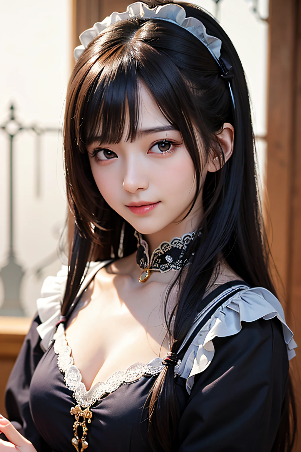 超A high resolution、masterpiece、top-quality、
extra detailed face、A detailed eye、Very complex and、perfect glossy shiny skins、Perfect litthing、Detailed Lighting、Dramatic shadows、Ray traching、
1 girl in、maid clothes、looking at the viewers、Shy smile