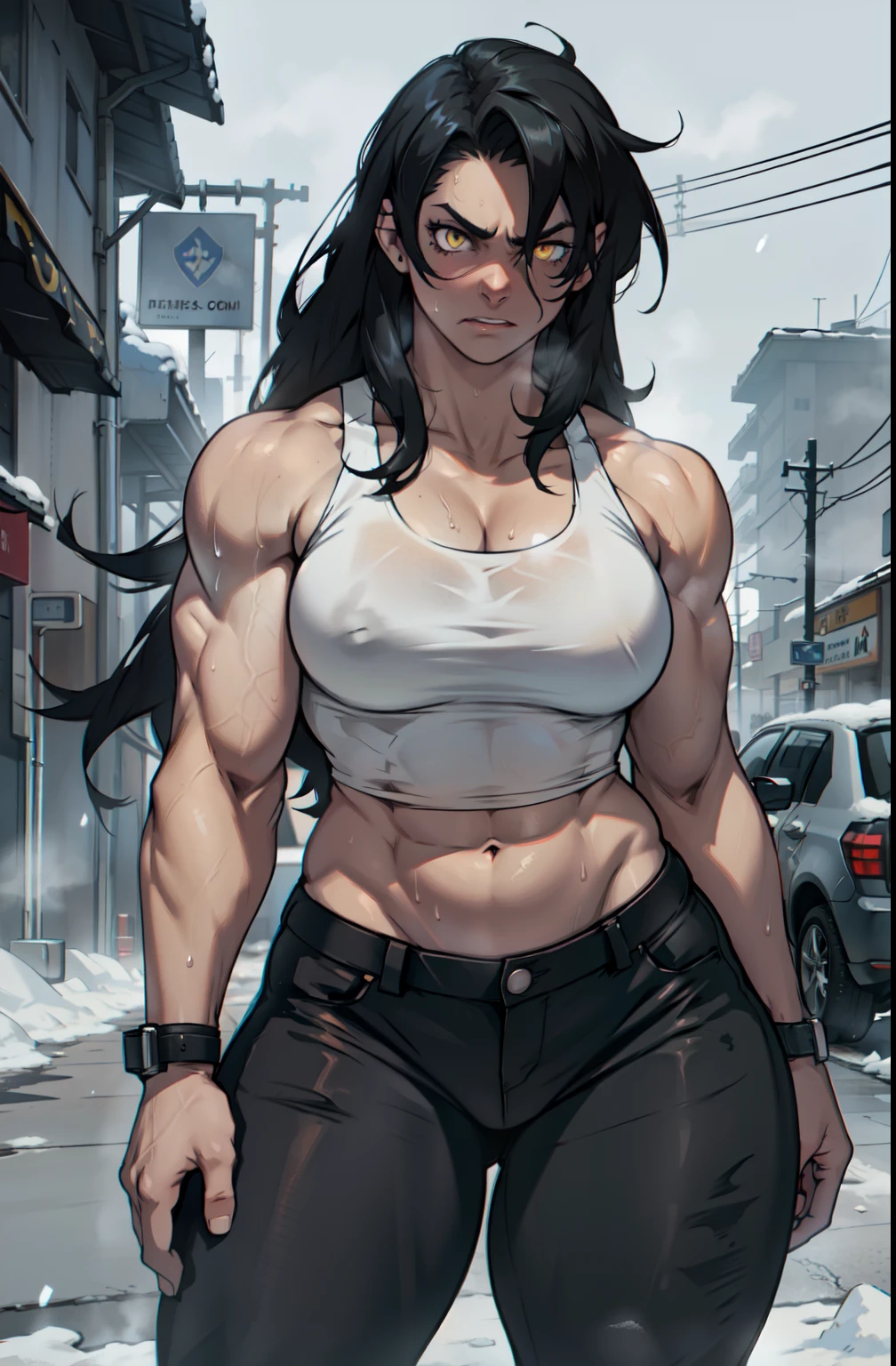 shadow solo 1 girl black hair yellow eyes angry (pale skin very long hair sweaty) dark atmosphere (perky breasts bodybuilder toned body muscular) tank top tight pants curvy thick thighs wide hips snow veins foggy steam concrete night