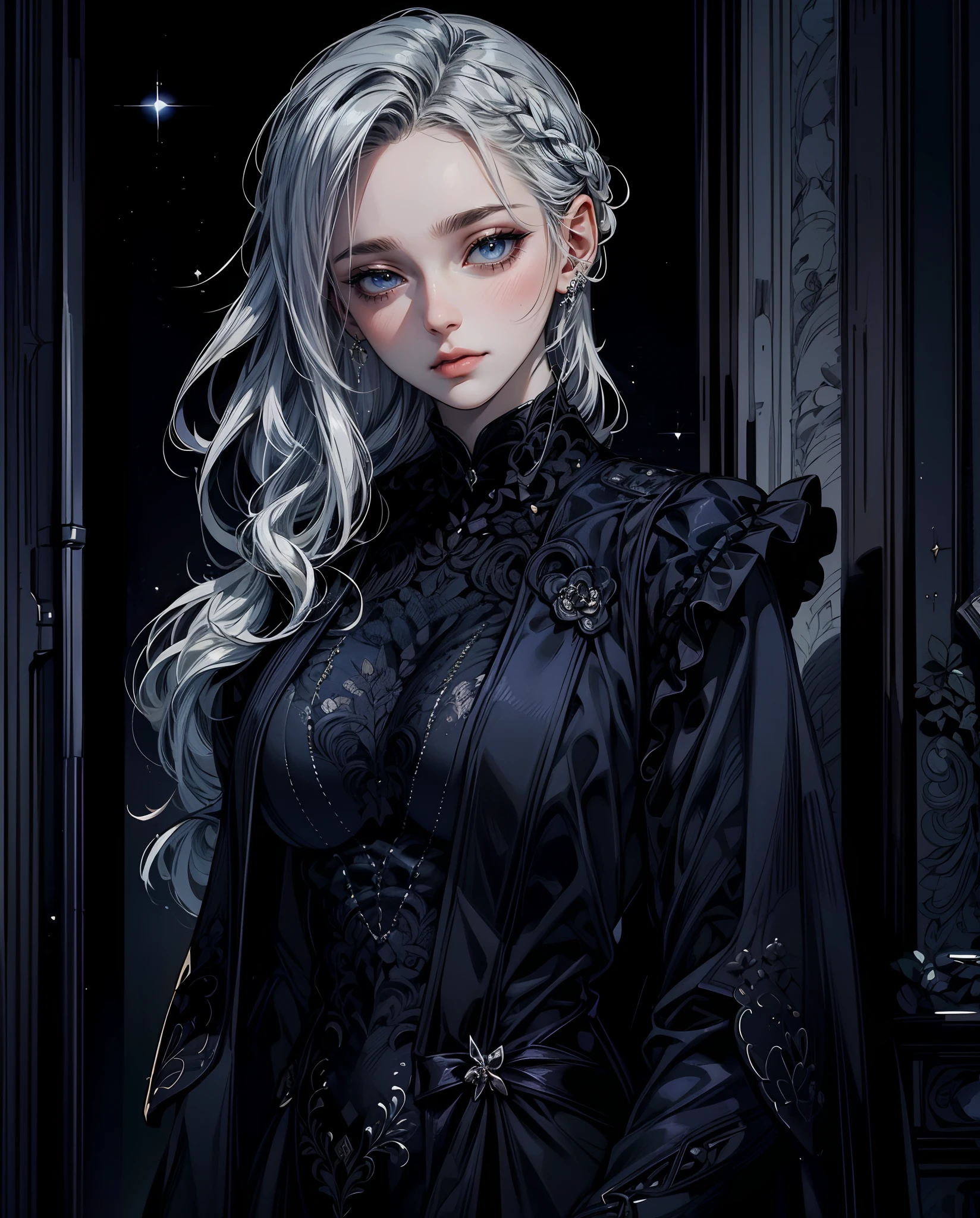 Fine illustration, ultra detailed, highres, from front, , elegant woman, elegant pose, black_dress, bodysuit, white_glistening long hair, beautiful woman, scenary world, detailed bodysuit with glittery decoration of dress, detailed embroidery, extremely layered frills, detailed texture, detailed pattern, room background,