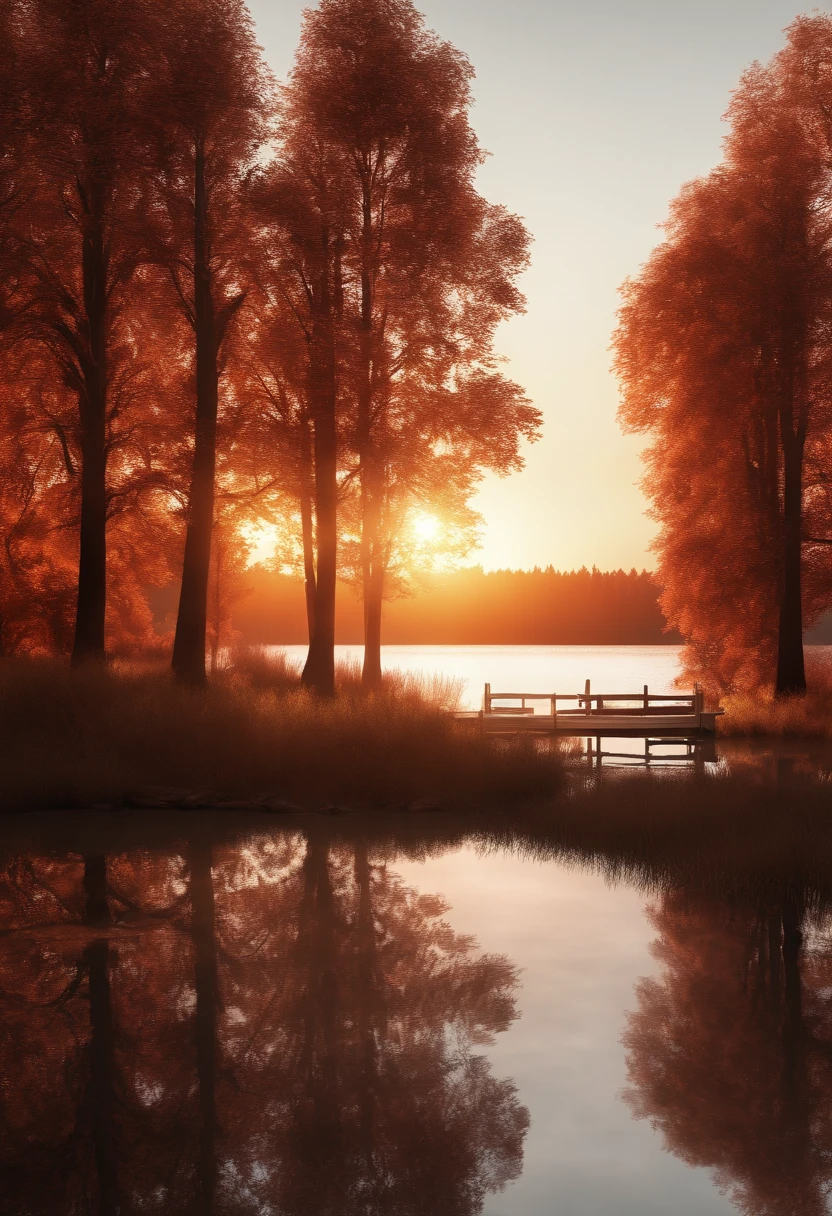 Depict a setting sun over a lake surrounded by trees. The reflection on the lake's surface reveals the reddish-brown hues of the trees. Render this scene in a monochromatic, realistic style, reminiscent of a fantastical moment just before the sun sinks like fire.