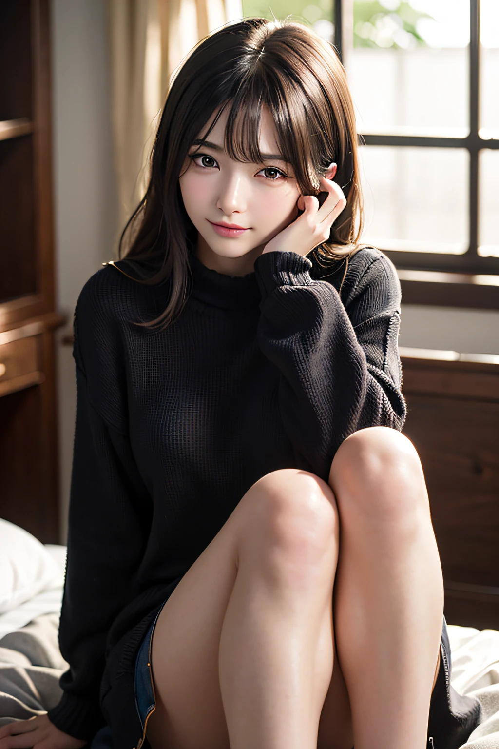 超A high resolution、​masterpiece、top-quality、
extra detailed face、A detailed eye、Very complex and、perfect glossy shiny skins、Perfect litthing、Detailed Lighting、Dramatic shadows、Ray traching、
1 girl in、The upper part of the body、Black sweater、looking at the viewers、Shy smile