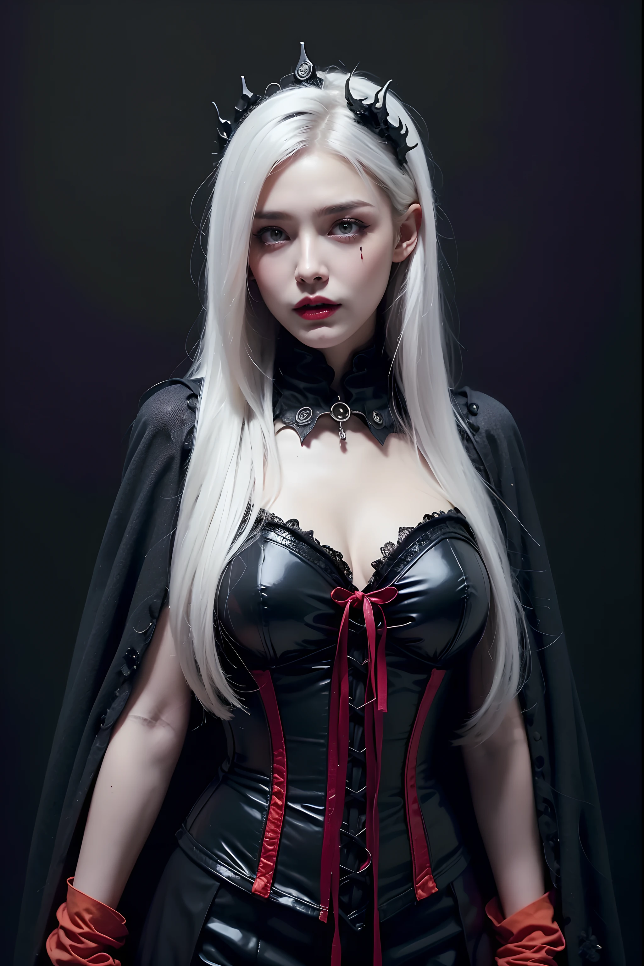 realistic, 1girl, (vampire girl:1.4), white hair, (red eyes), glowing eyes, slit pupils, (blood, blood splatter), crop top, cleavage, short shorts, collarbone, parted lips, fangs, makeup, blush, night, reflection, full moon, moonlight, rose, castle, shadow, darkness, bat \(animal\),, rope