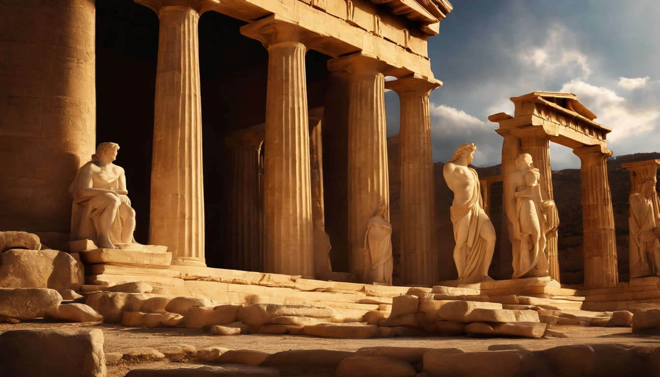 An epic, top-quality image depicting a divine encounter of mythological proportions. The twelve most powerful Greek gods are gathered amidst the majestic ruins of an ancient Greek temple. The setting is grand and evokes a sense of antiquity and splendour. Each of the twelve gods is depicted with a realistic accuracy that highlights their distinctive appearance and characteristics. Zeus, o rei dos deuses, is at the center of the composition, with its imposing expression and its lightning bolt as a symbol of authority. Os outros deuses, incluindo Hera, Poseidon, Atena, Apolo, Afrodite, Ares, Hermes, Demeter, Dionysius, Hephaestus and Artemis, are arranged around Zeus, each with their own stance and recognizable attributes. The ruins of the Greek temple are a work of art in their own right, com colunas majestosas e esculturas antigas que testemunham a passagem do tempo. The lighting is spectacular, with rays of sunlight penetrating between the broken columns and creating dramatic shadows. The atmosphere is imparted with mystery and divine gravity. Cada deus emana uma aura de poder divino, and their garments are precisely crafted, displaying ornaments that refer to the stories and attributes that make them unique. The surrounding sky is tinged with golden and celestial colors, Evoking a breathtaking cinematic style. A imagem deve transmitir a majestade dos deuses gregos e a riqueza da mitologia que os envolve. Cada detalhe, of the expressions of the materials and scenarios, must be rendered with an advanced level of realism, making the gods and ruins seem to jump off the screen. The composition of the image should highlight the harmony and tension between the gods, capturing a complex dynamic between them. Zeus, no centro, must radiate leadership and authority, while the other gods show reverence, respeito ou, em alguns casos, rivalidade, All of this through visual expressions and body language carried out. A imagem deve transmitir a grandiosidade da mitologia grega.