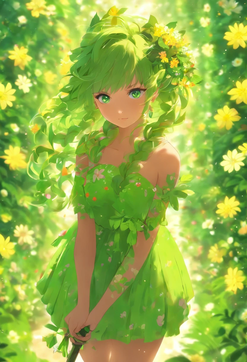 ((best quality)), ((masterpiece)), (detailed), a cute girl, tiny, holding a green staff, short flowering dress, green eyes, flowers in hair, anime style