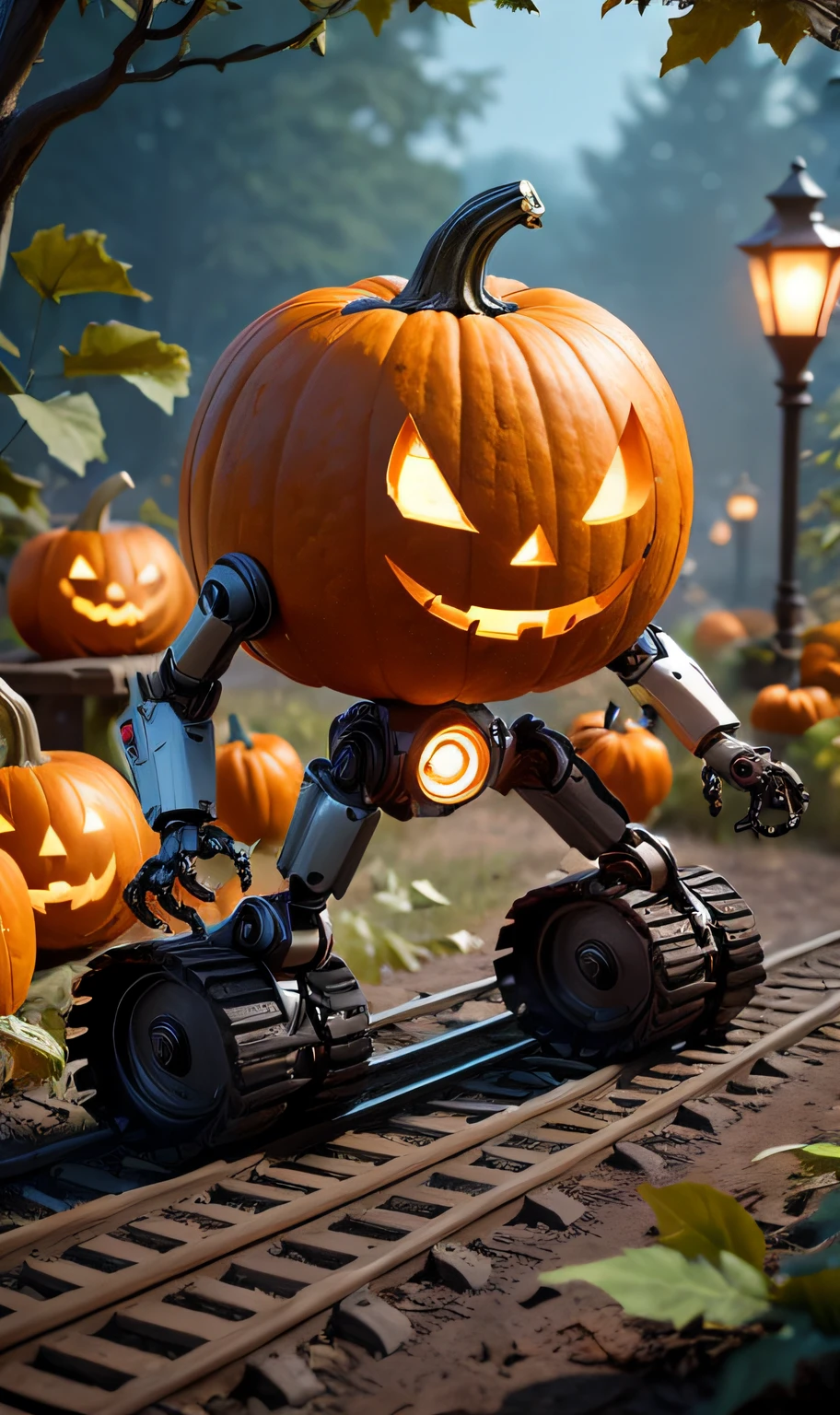 (best quality, ultra-detailed, realistic:1.37), a pumpkin robot, glowing eyes, pumpkins in the background, halloween, dark and mysterious forest, hauntingly beautiful, spooky ambiance, made in unreal engine, highlly render