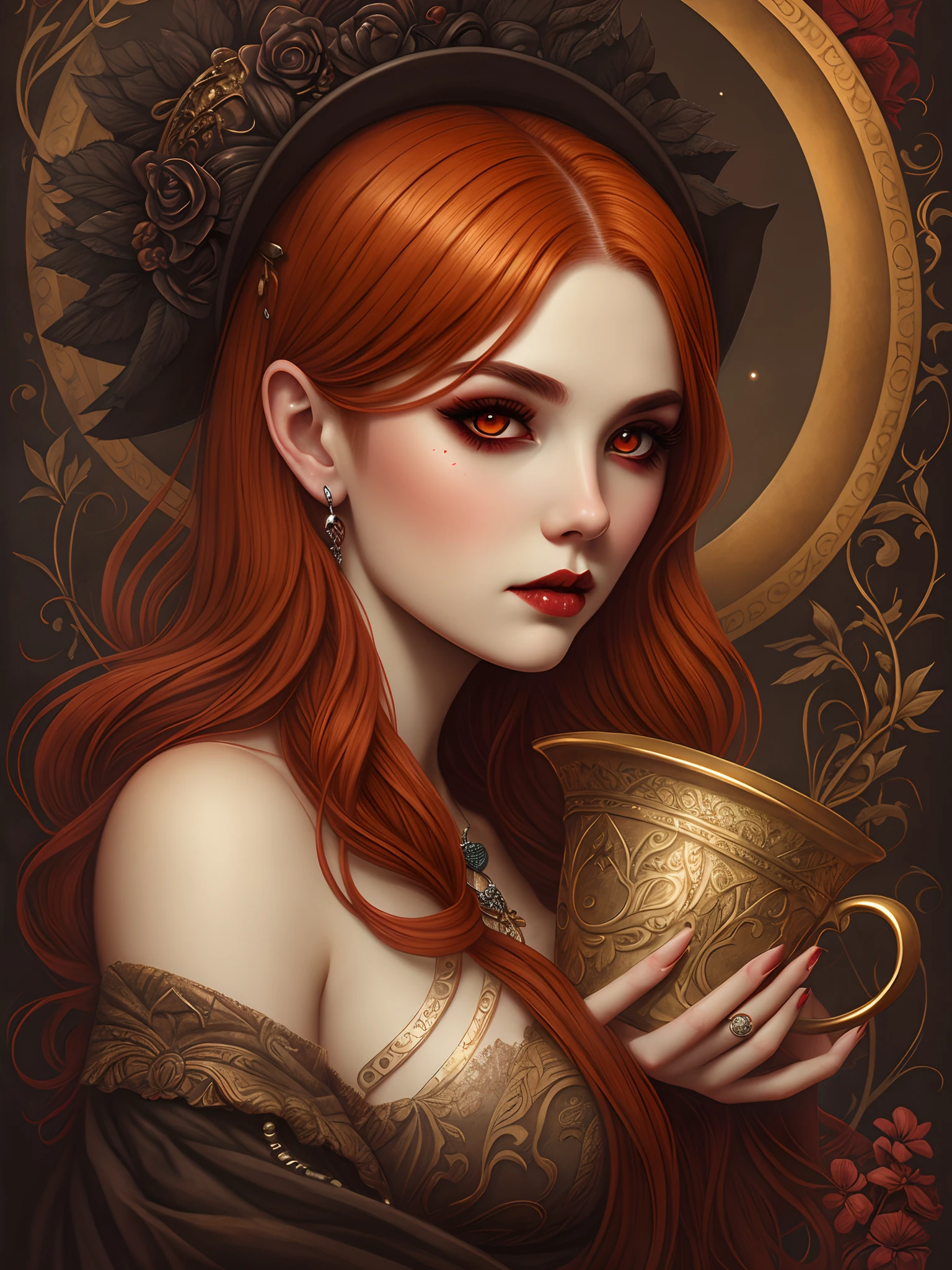 a female vampire with fang, dark orange-red hair, blood cup, dark fantasy, cemetery background, tom bagshaw --auto --s2
