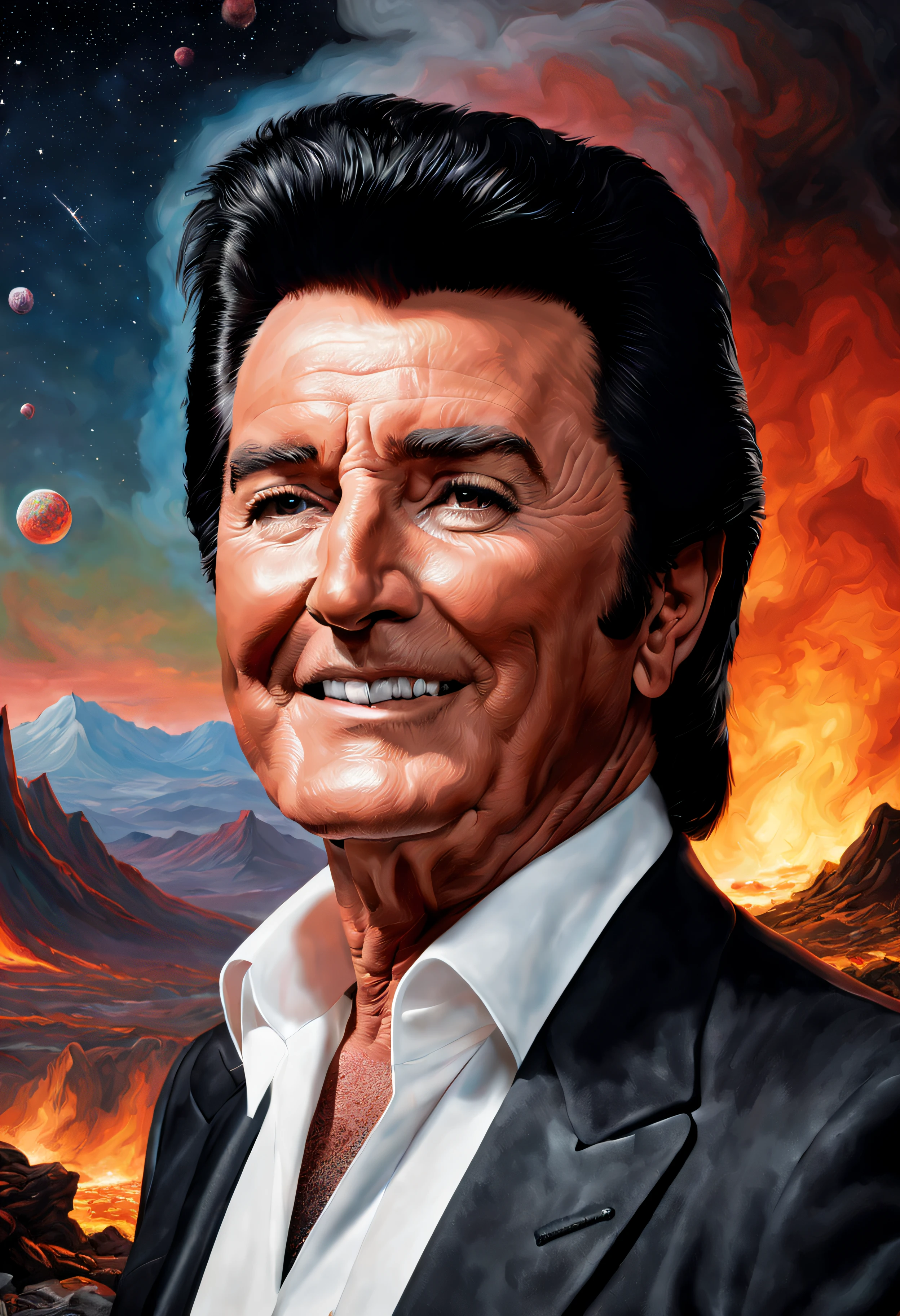 a facial portrait of Wayne Newton, oil painting on canvas in the art style of Caravaggio, Thomas Kinkade, Neal Adams, Frank Frazetta, Boris Vallejo, Rembrandt, extremely colorful, outer space, planets, stars, galaxies, fire, explosions, smoke, volcanic lava, craggy mountain peaks in the background, 32k UHD, 1080p, hyper realistic, photorealistic, realistic, 1200ppi, 2000dpi, Highly detailed, extremely sharp, vibrant, colorful, well lit, full field of depth, professional quality studio image