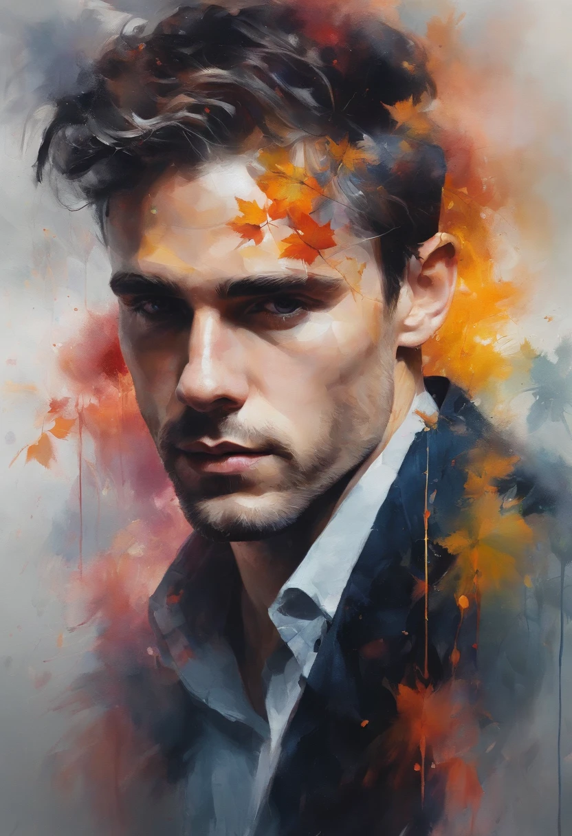 Man with Agnes Cecile, bright design, pastel colors, paint drops, autumn lights