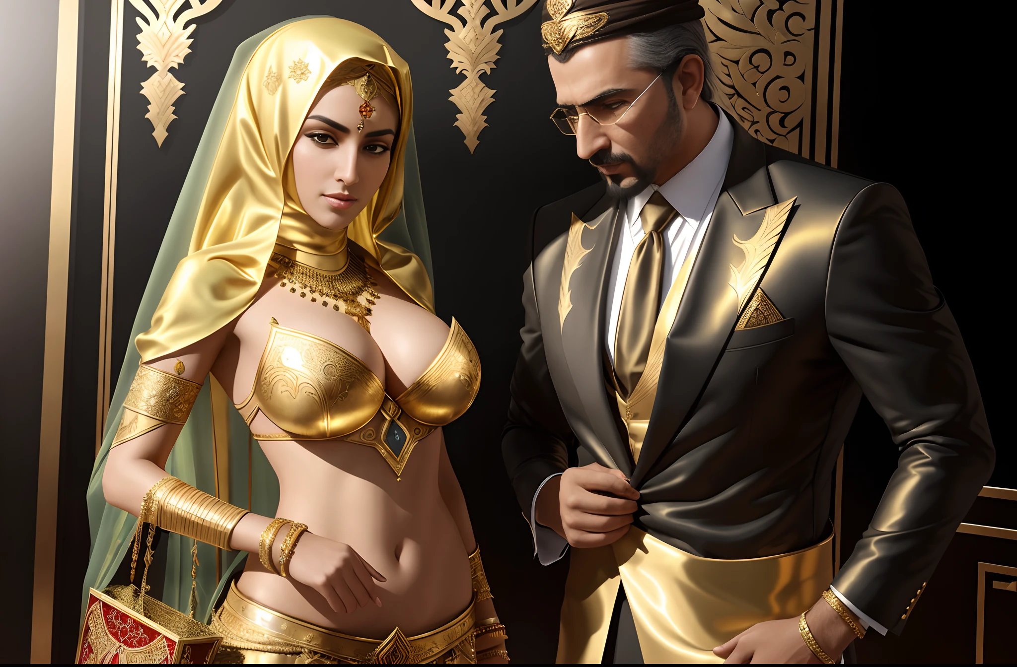 there is a man and woman dressed in costume posing for a picture, arabian art, cgsociety masterpiece, wlop and andrei riabovitchev, mogul khan, exotic costumes, inspired by Osman Hamdi Bey, stunning cgsociety, cgsociety 9, middle eastern skin, realistic gold, trending in cgsociety, persian queen, arabian, inspired by Altoon Sultan