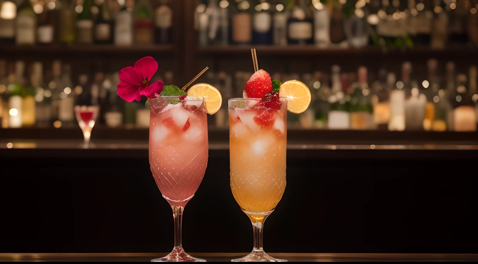 Obra maestra, realista ,A Captivating photo of  a incredible light transparent pink pomegranate-strawberry  refreshing cocktail decorated with a hibiscus flower and strawberry slide, slow-mo fx, realistic, served in intricate champagne crystal cup, cozy bar, atmospheric view, muted colors chill theme  by Chuck Close,  500px trending