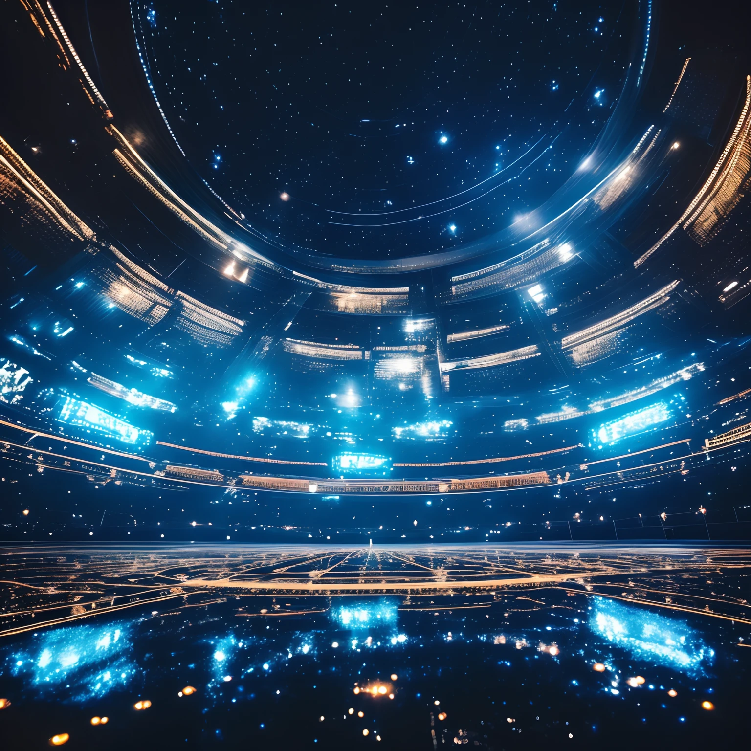 A night arena with open skies, Lots of stars in the sky and well-lit glazed ground, Similar to the arena of "Tron: O Legado", mas com apenas luzes brancas. The night arena is a stunning sight, with a glass floor that reflects white lights, criando uma atmosfera futurista. The night sky is filled with twinkling stars, Providing a magical backdrop. As luzes brancas, strategically placed in the arena, light up the space and the gigantic robots as the crowd of spectators from all over the world eagerly awaits the thrilling combat that is about to begin.