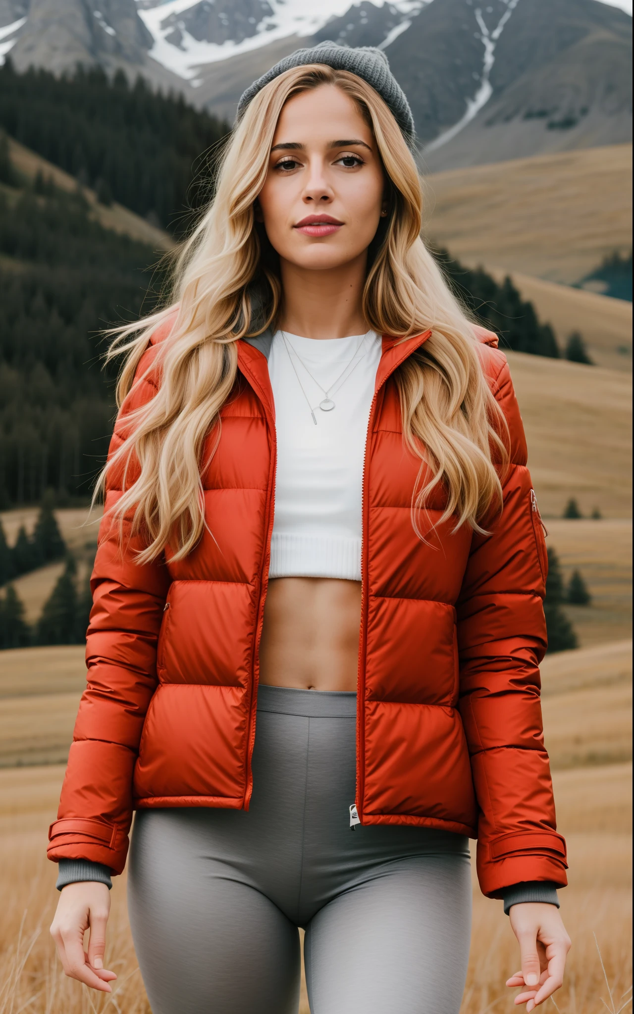 A woman with a red jacket and gray leggings standing in a field, ****** dos Alpes, frio como gelo! 🧊, roupas de caminhada, A complete portrait of the Nordic woman, jaqueta laranja, model uses Jacket Cap, Jacket cap, hannah yata charlie immer, jaqueta vermelha legal, roupas de cor quente, Mia Kischner, Directed by: Ana Haifisch