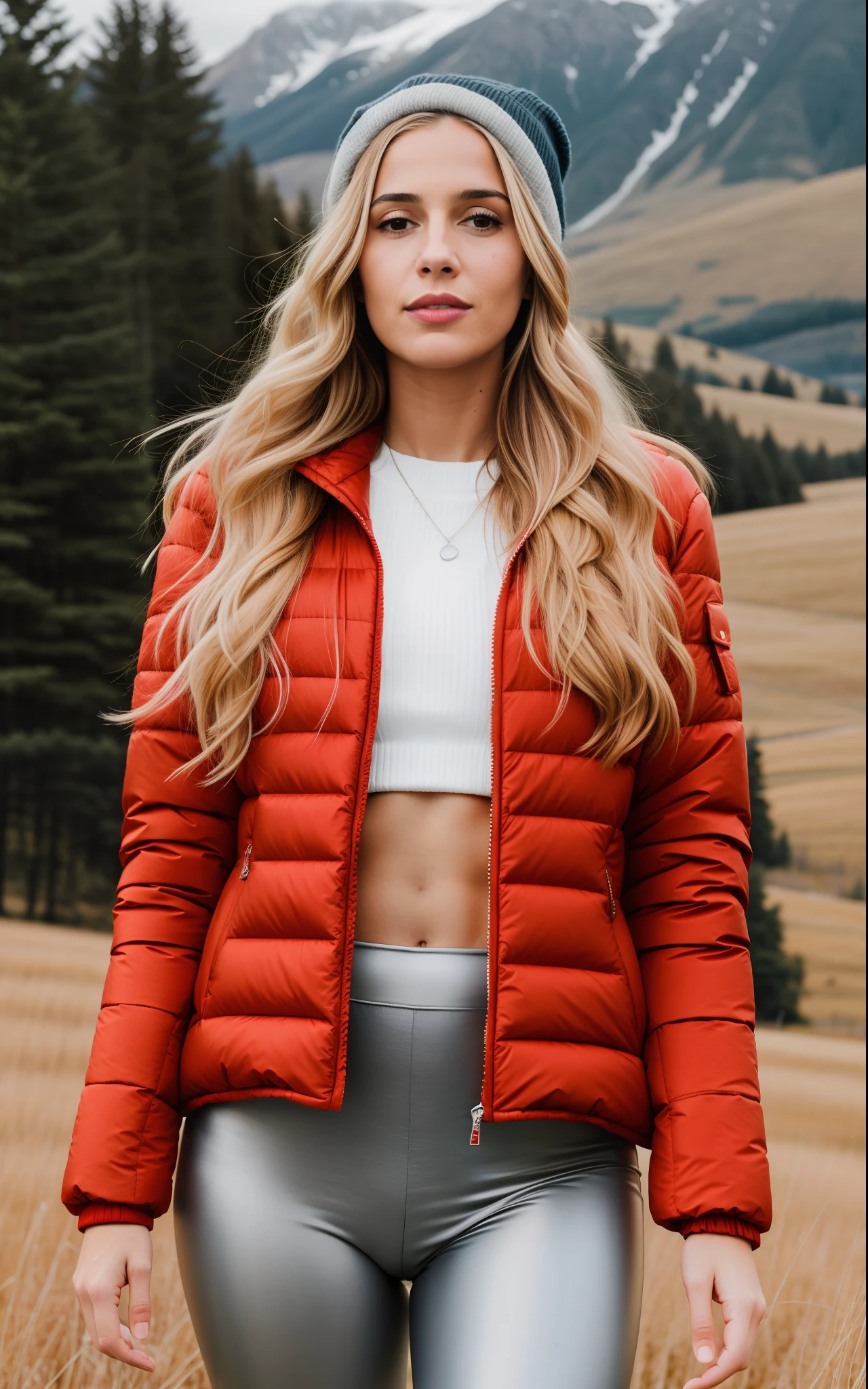 A woman with a red jacket and gray leggings standing in a field, Menina dos Alpes, frio como gelo! 🧊, roupas de caminhada, A complete portrait of the Nordic woman, jaqueta laranja, model uses Jacket Cap, Jacket cap, hannah yata charlie immer, jaqueta vermelha legal, roupas de cor quente, Mia Kischner, Directed by: Ana Haifisch