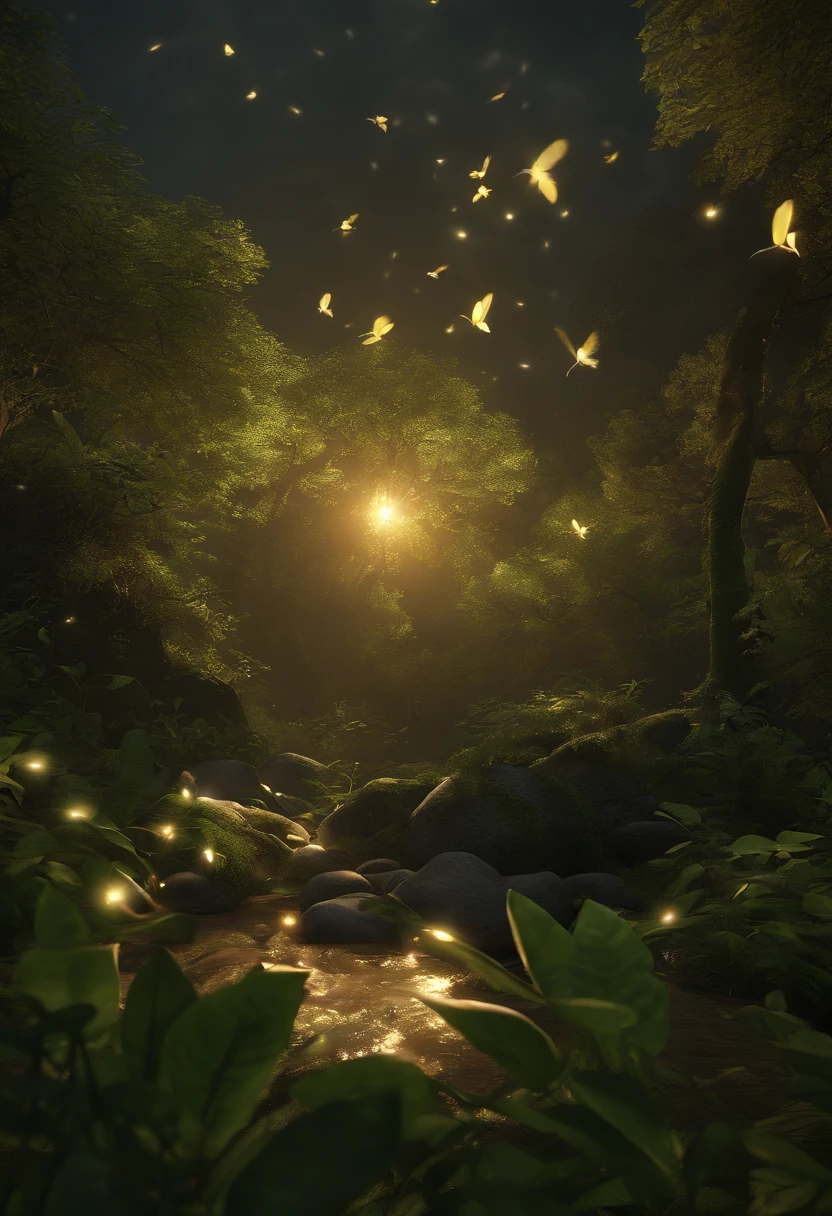 Masterpiece, best quality, (very detailed CG unity 8k wallpapers), (best quality), (best illustrations), (best shadows), forest theme with natural elements. Tall trees, quiet streams, glowing little mushrooms, surrounded by delicate leaves and branches, with fireflies and glowing particle effects,, (natural elements), (jungle theme), (leaves), (branches), ( fireflies), butterflies, (delicate leaves), (glow), (particle effects). , isometric 3D, Octane rendering, ray tracing, super detailed